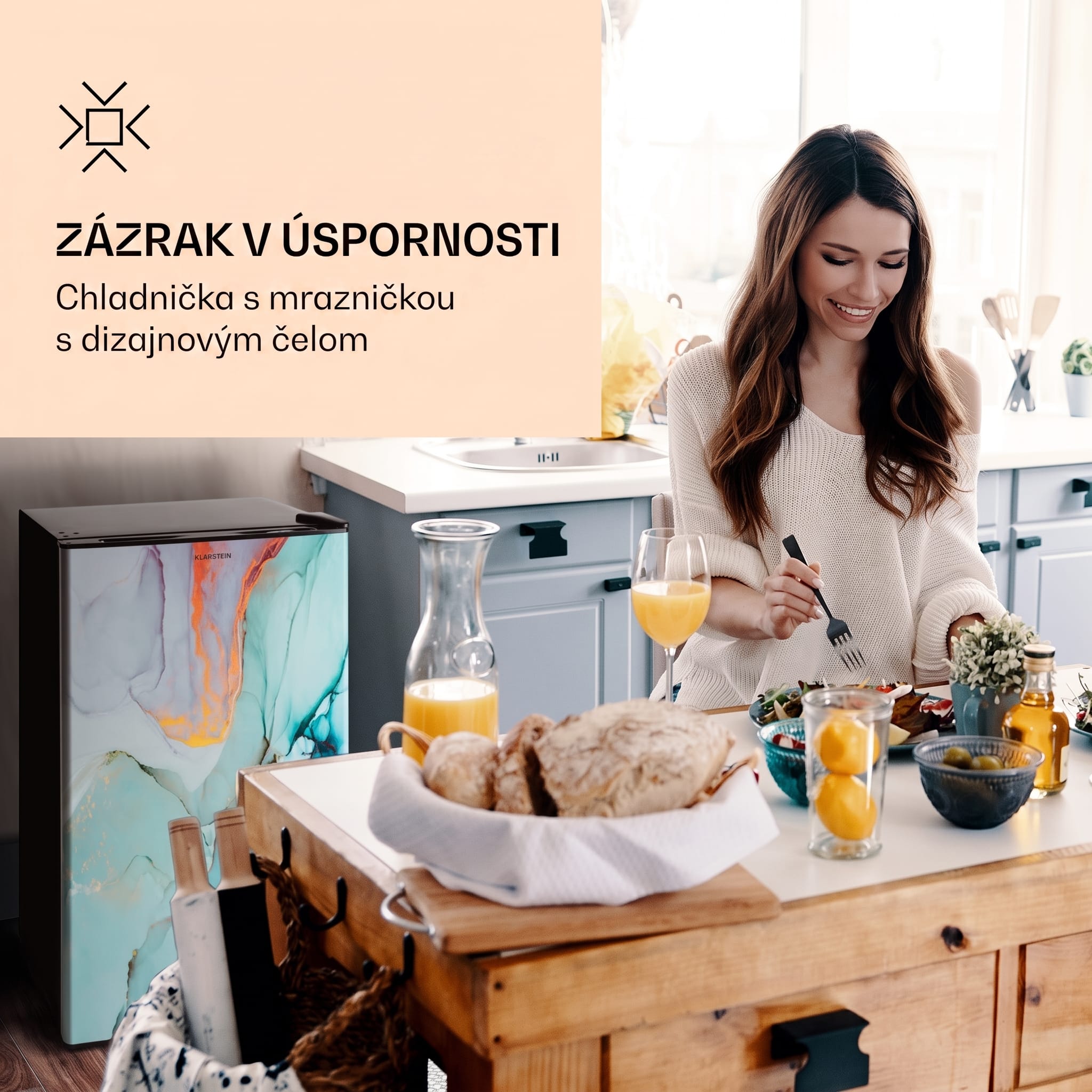 Klarstein CoolArt 79L, kombinovaná chladnička s mrazničkou, EEK E, mraziaci priestor 9 l, dizajnové dvere