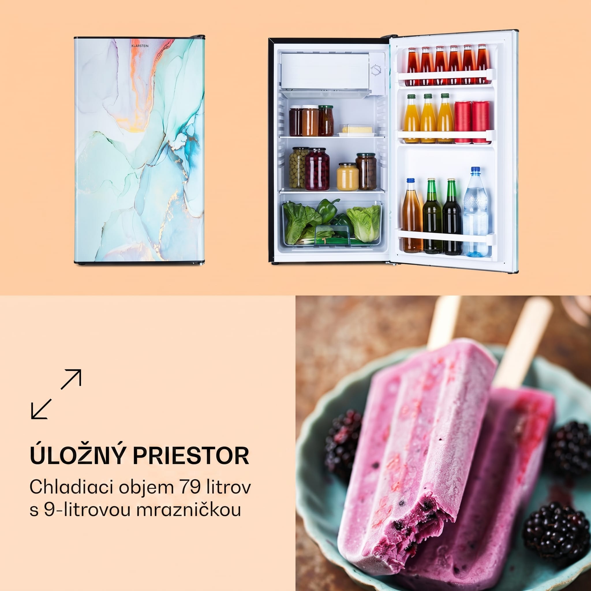 Klarstein CoolArt 79L, kombinovaná chladnička s mrazničkou, EEK E, mraziaci priestor 9 l, dizajnové dvere – Obrázok 2