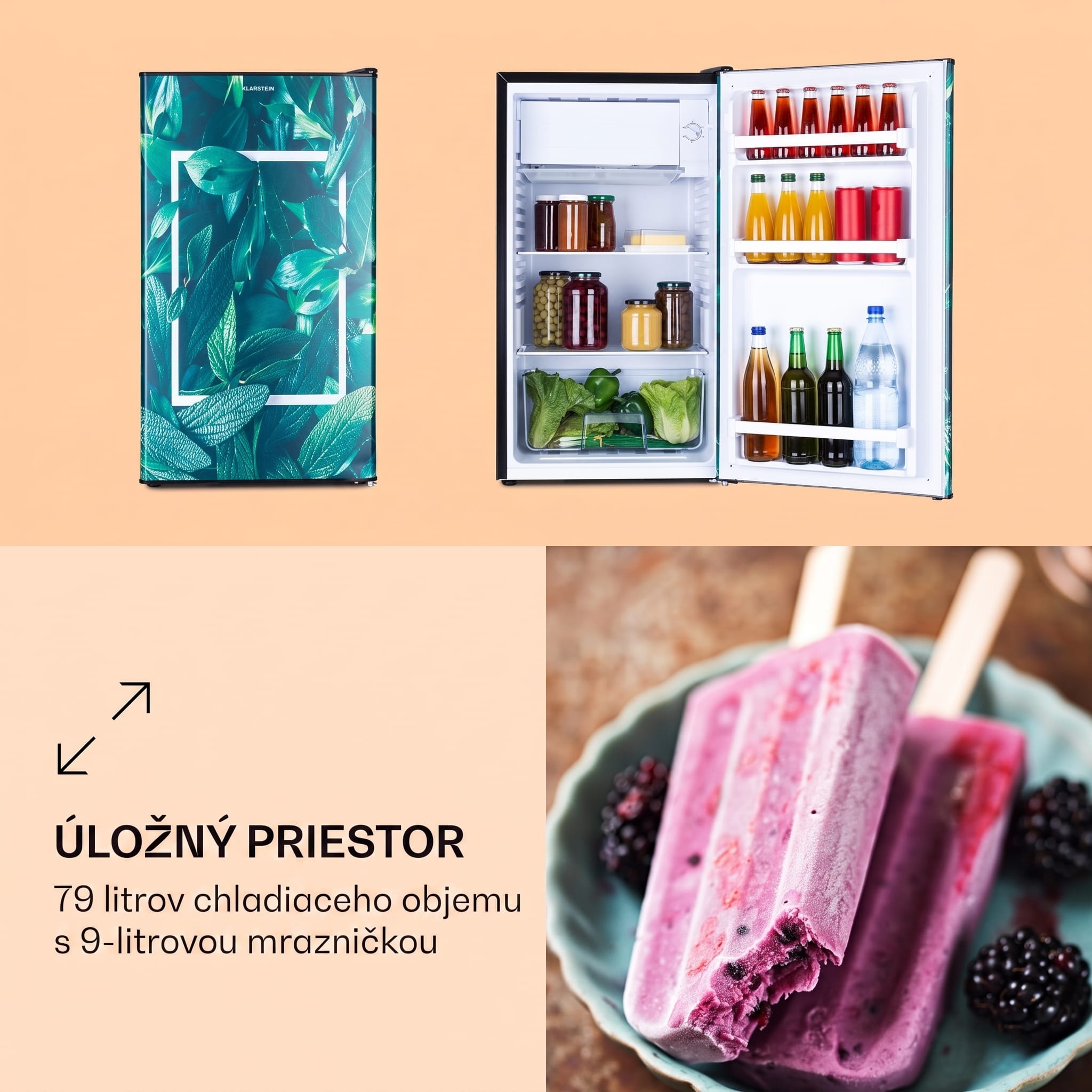 Klarstein CoolArt 79L, kombinovaná chladnička s mrazničkou, EEK E, mraziaci priestor 9 l, dizajnové dvere – Obrázok 2