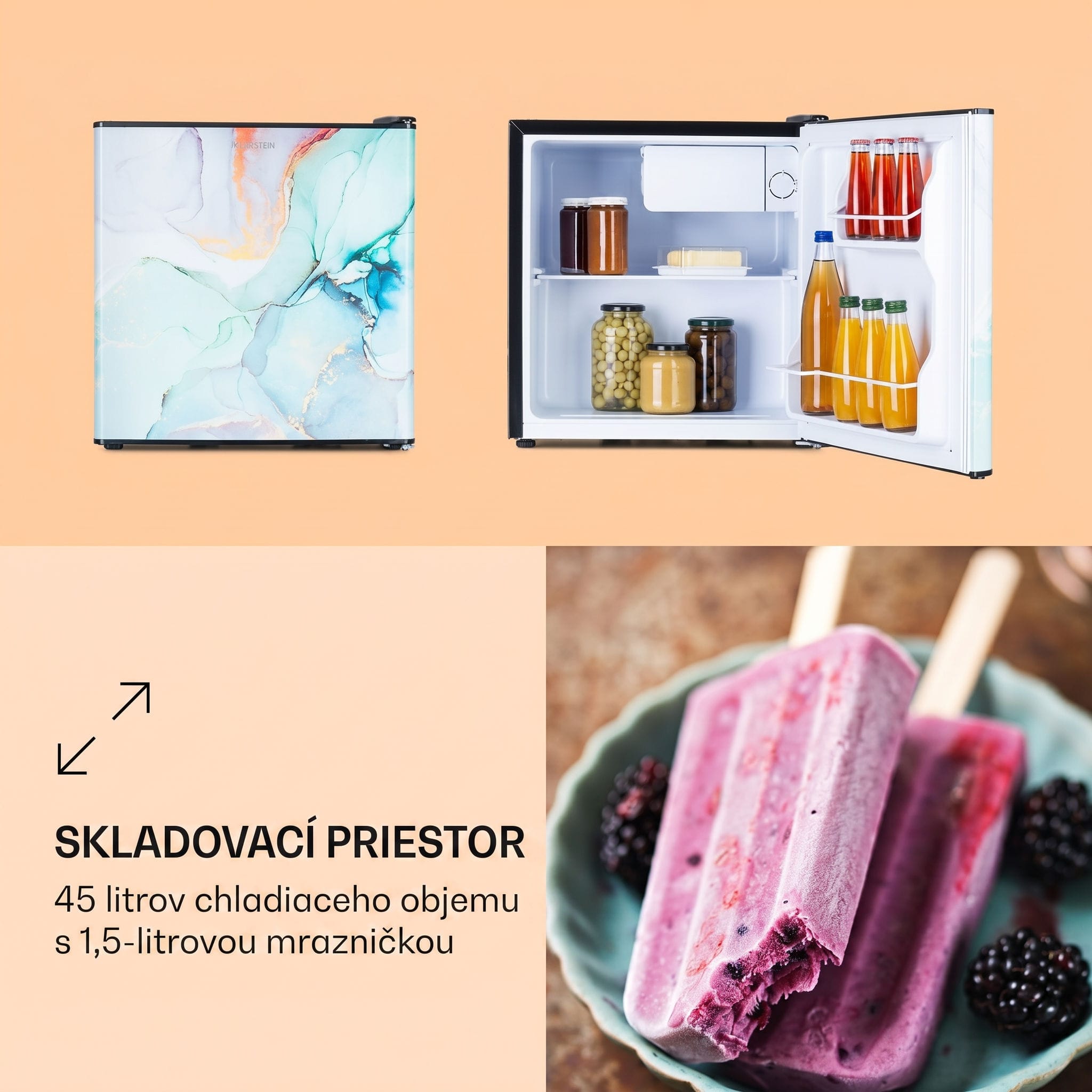 Klarstein CoolArt 45L, mini chladnička, EEK E, s mraziacim priestorom 1,5 l, dizajnové dvere – Obrázok 2