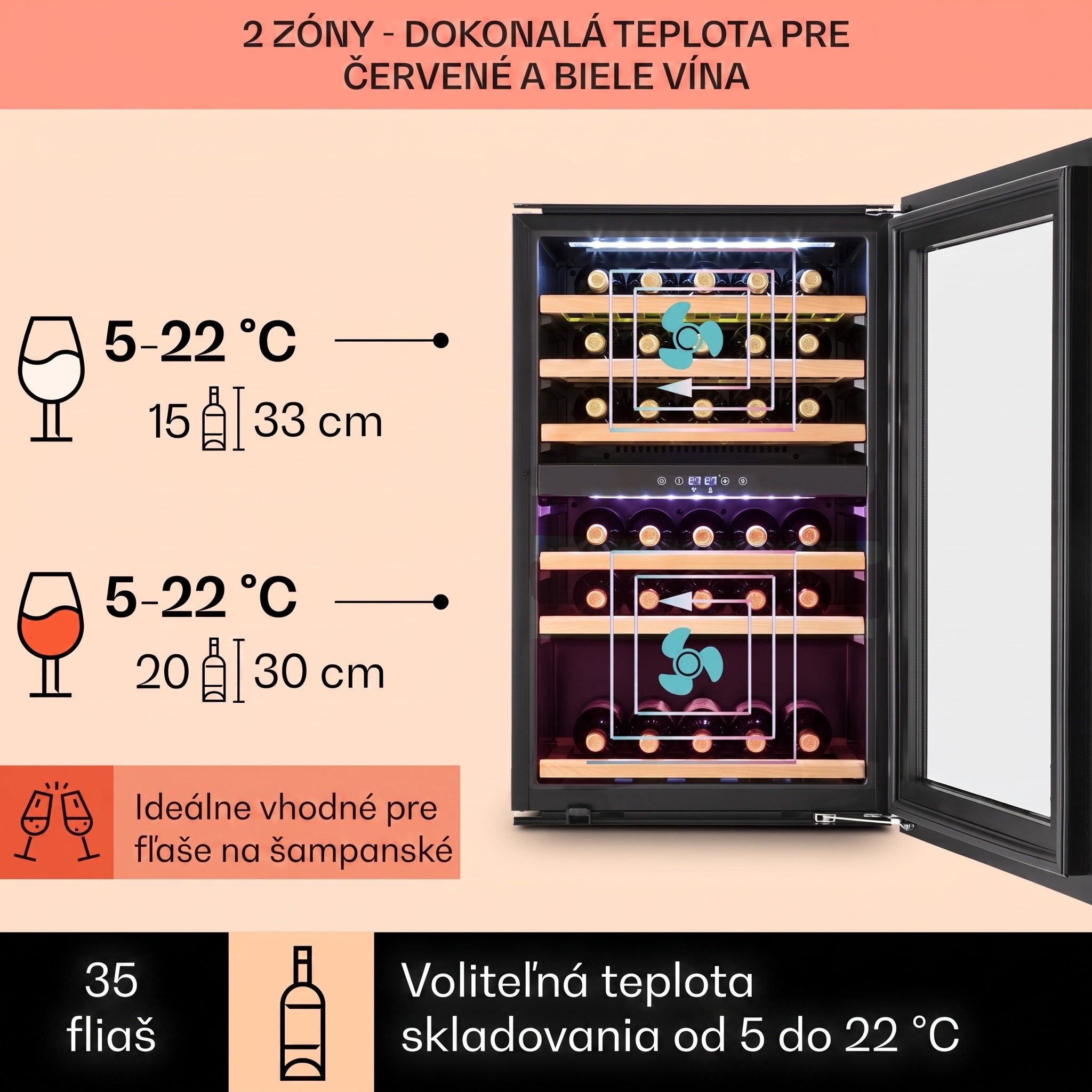 Klarstein Vinsider 35D, vstavaná vinotéka, 128 l, 41 fliaš, 2 zóny – Obrázok 2