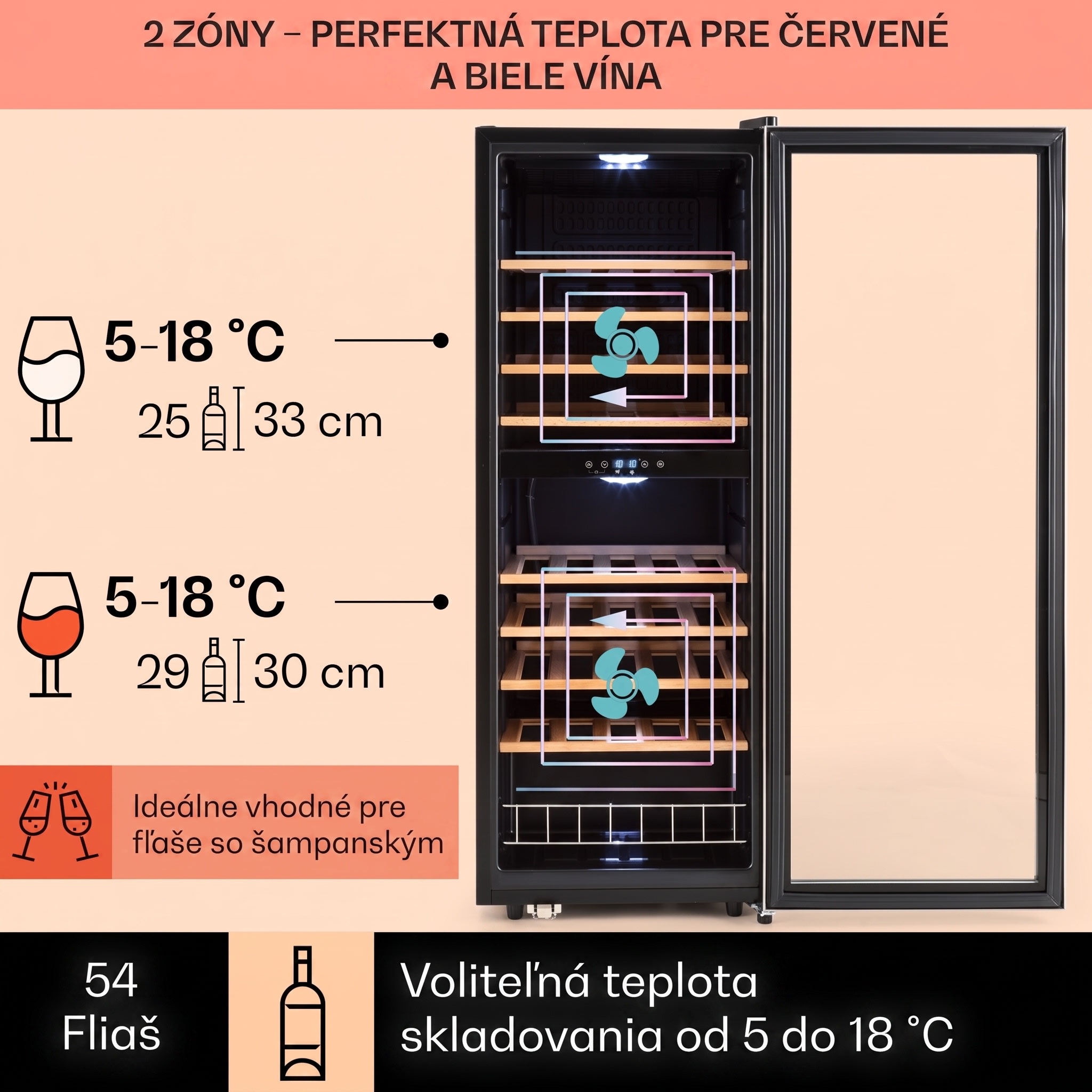 Klarstein Vinamour 54D, vinotéka, 148 l, 54 fliaš, 2 zóny, čelo z nehrdzavejúcej ocele – Obrázok 2