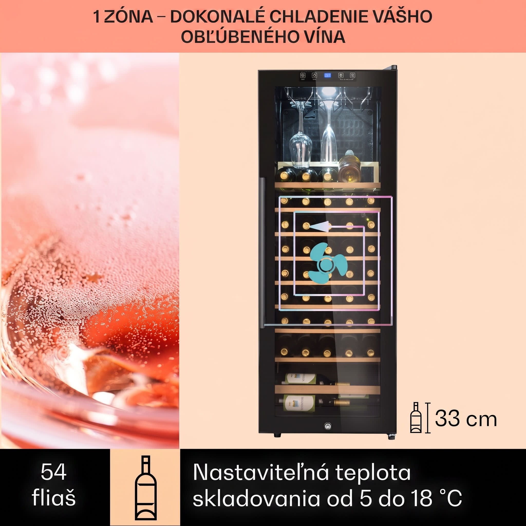 Klarstein Barossa 54 Uno, vinotéka, 155 l, 54 fliaš, sklenené dvere, dotykové ovládanie, LED – Obrázok 2
