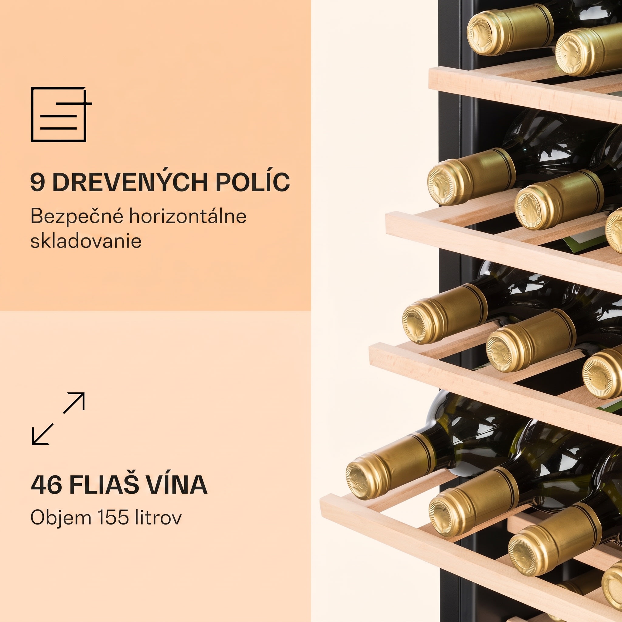 Klarstein Vinamour 46 Uno, vinotéka, 155 l, 46 fliaš, 4-18°C, 1 zóna, nehrdzavejúca oceľ – Obrázok 3