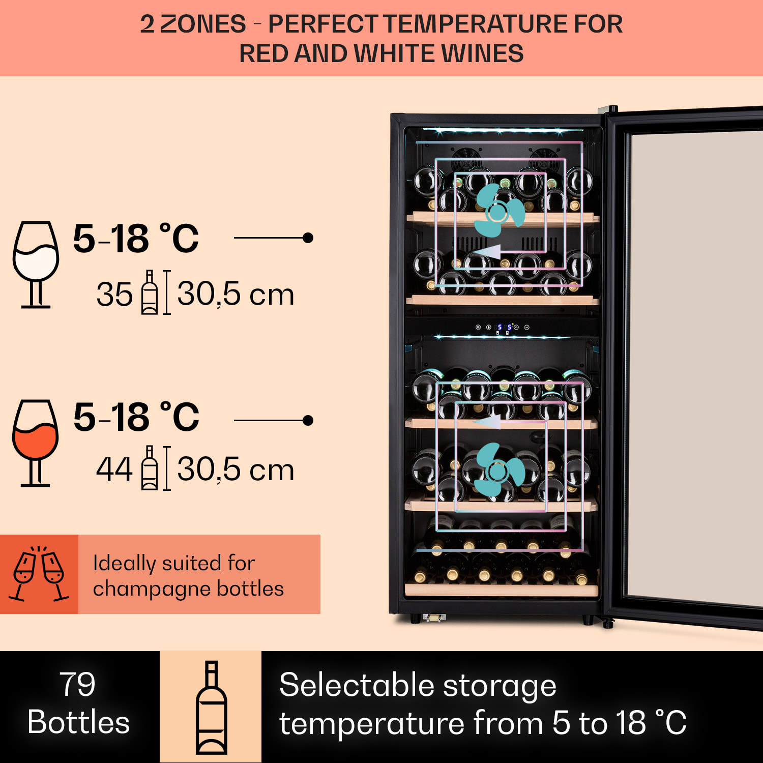 Klarstein Vinamour 66 Duo, vinotéka, 204 l, 79 fliaš, 5-18°C, 2 zóny, dotykové ovládanie – Obrázok 2