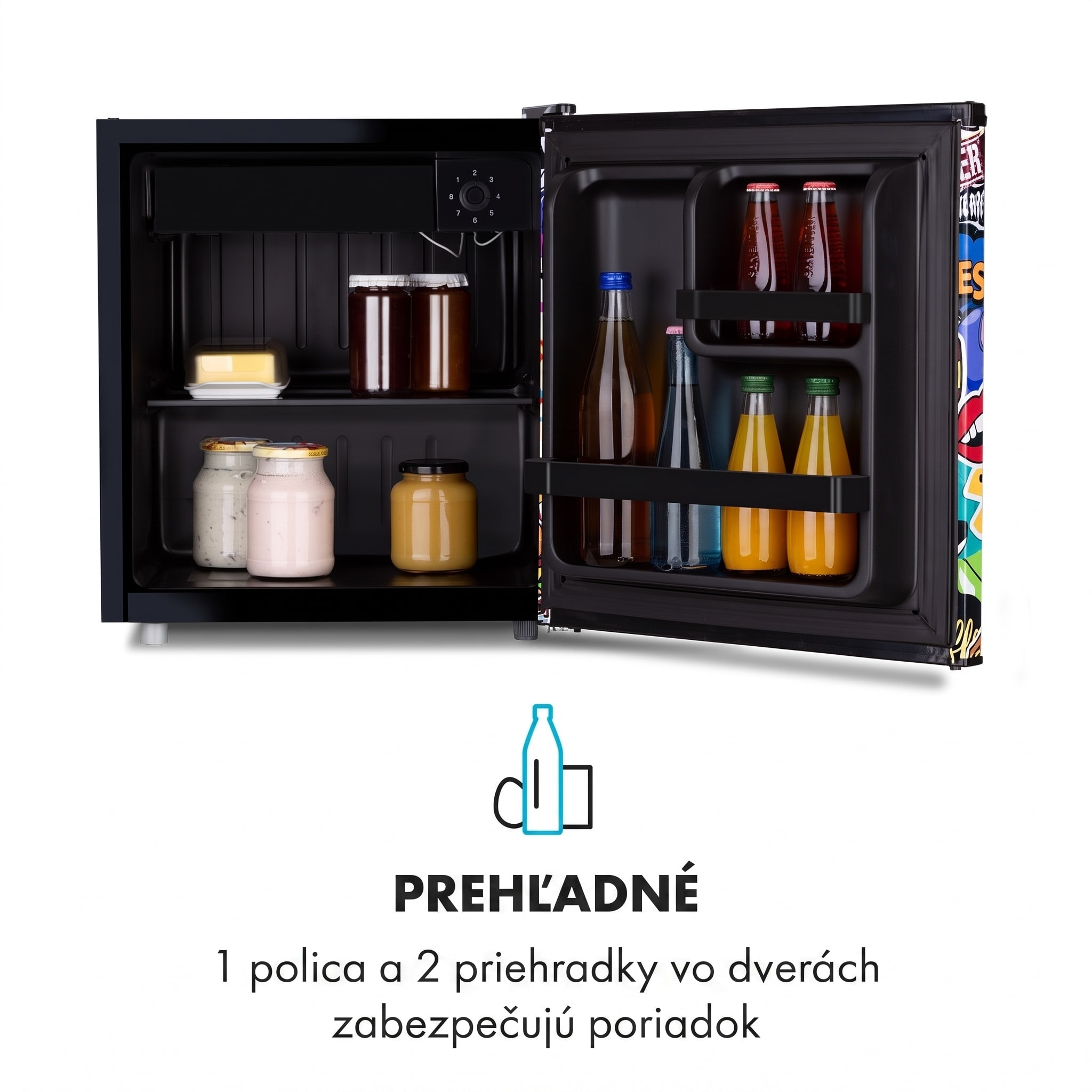 Klarstein Cool Vibe 46+, chladnička, 46 l, 1 polica, Stickerbomb style – Obrázok 4
