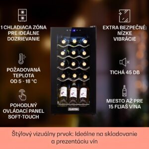 Klarstein Shiraz 15 Slim Uno, vinotéka, 44 l, 135 W, 5–18°C, dotykové ovládanie, čierna