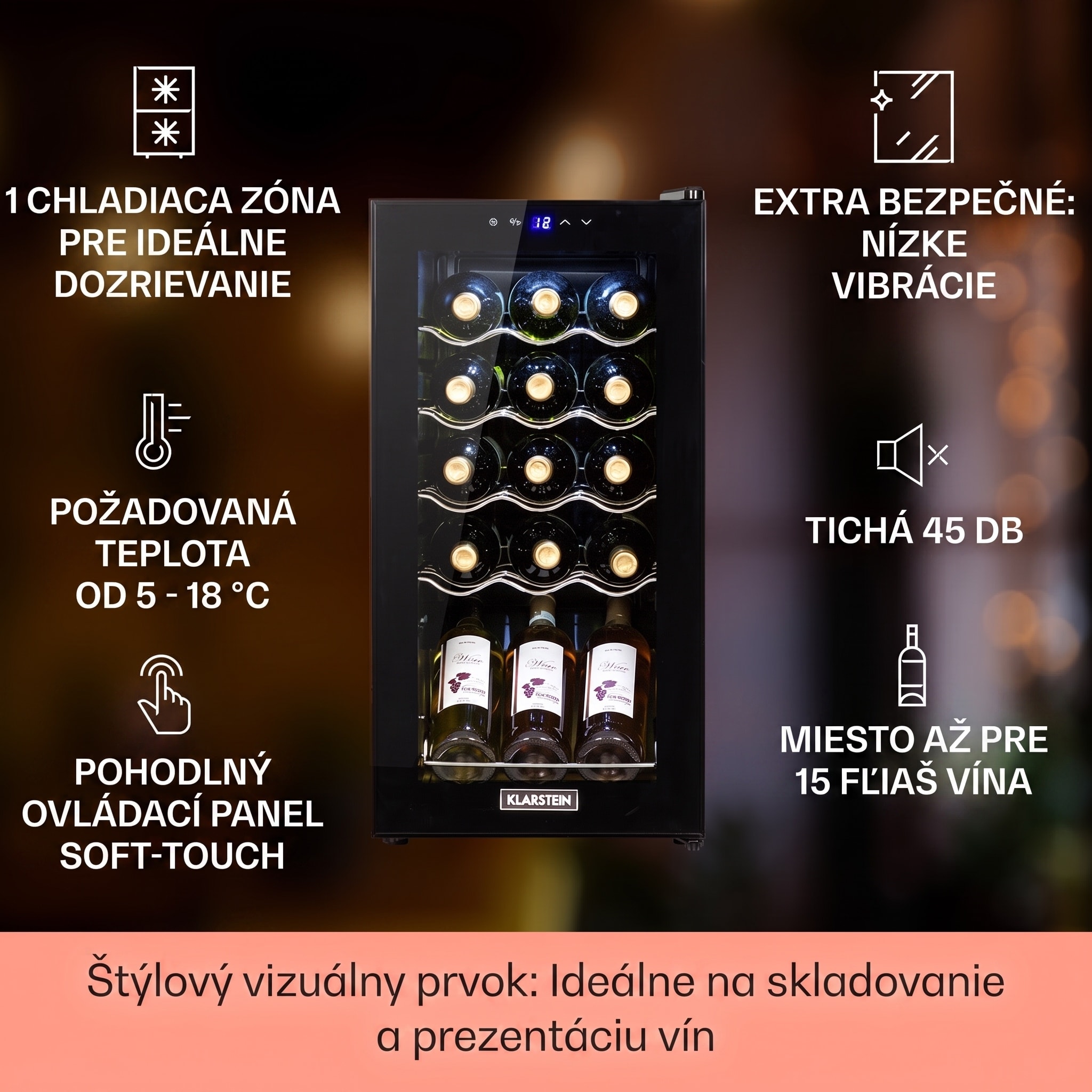 Klarstein Shiraz 15 Slim Uno, vinotéka, 44 l, 135 W, 5–18°C, dotykové ovládanie, čierna