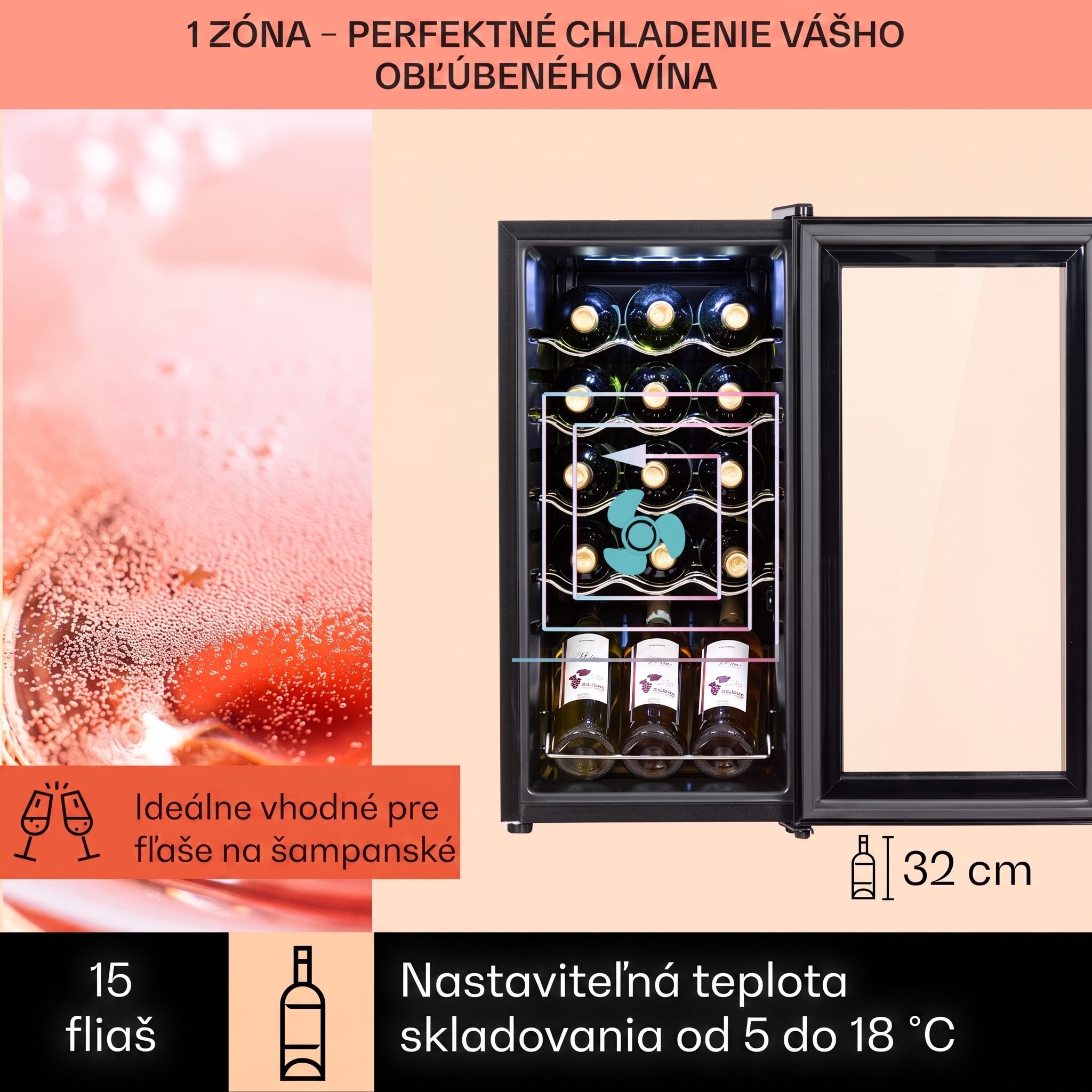 Klarstein Shiraz 15 Slim Uno, vinotéka, 44 l, 135 W, 5–18°C, dotykové ovládanie, čierna – Obrázok 2