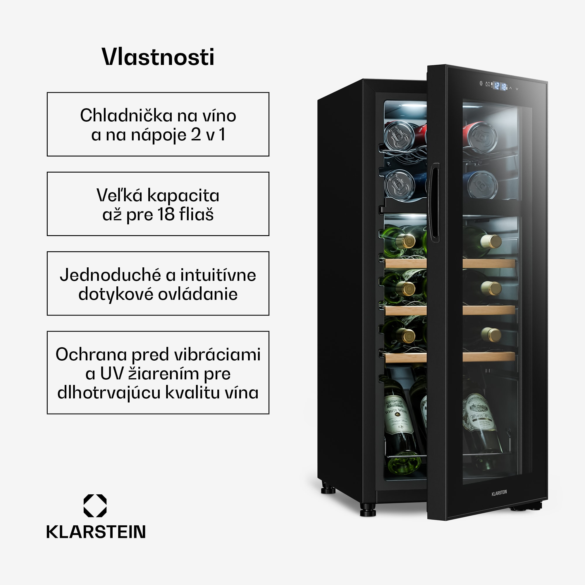 Klarstein Bovella 18 Duo+, dvojzónová vinotéka, 50 l, 18 fliaš, sklenené dvierka