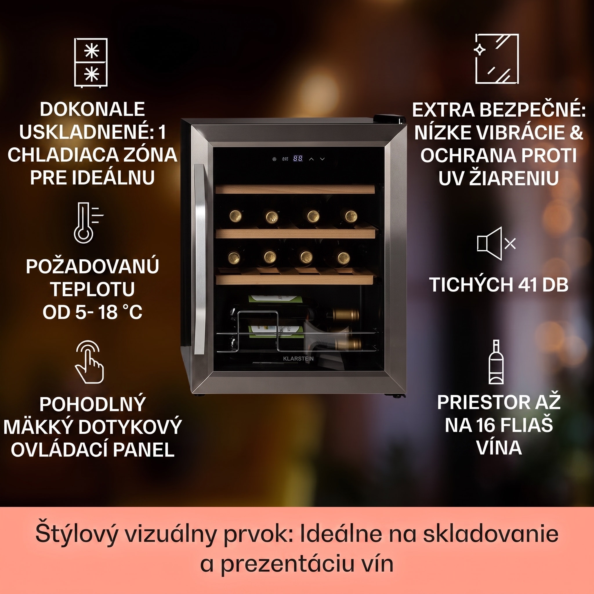 Klarstein Vinamour 16 Uno, vinotéka, 42 l, 16 fliaš, 5-18°C, 41 dB, sklo