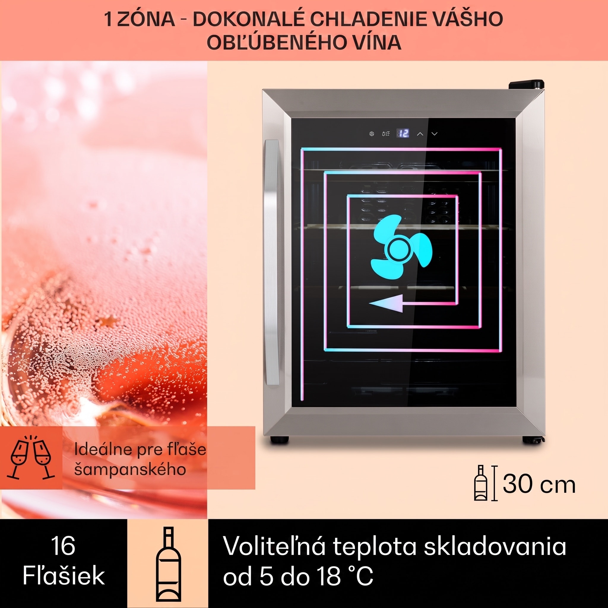 Klarstein Vinamour 16 Uno, vinotéka, 42 l, 16 fliaš, 5-18°C, 41 dB, sklo – Obrázok 2