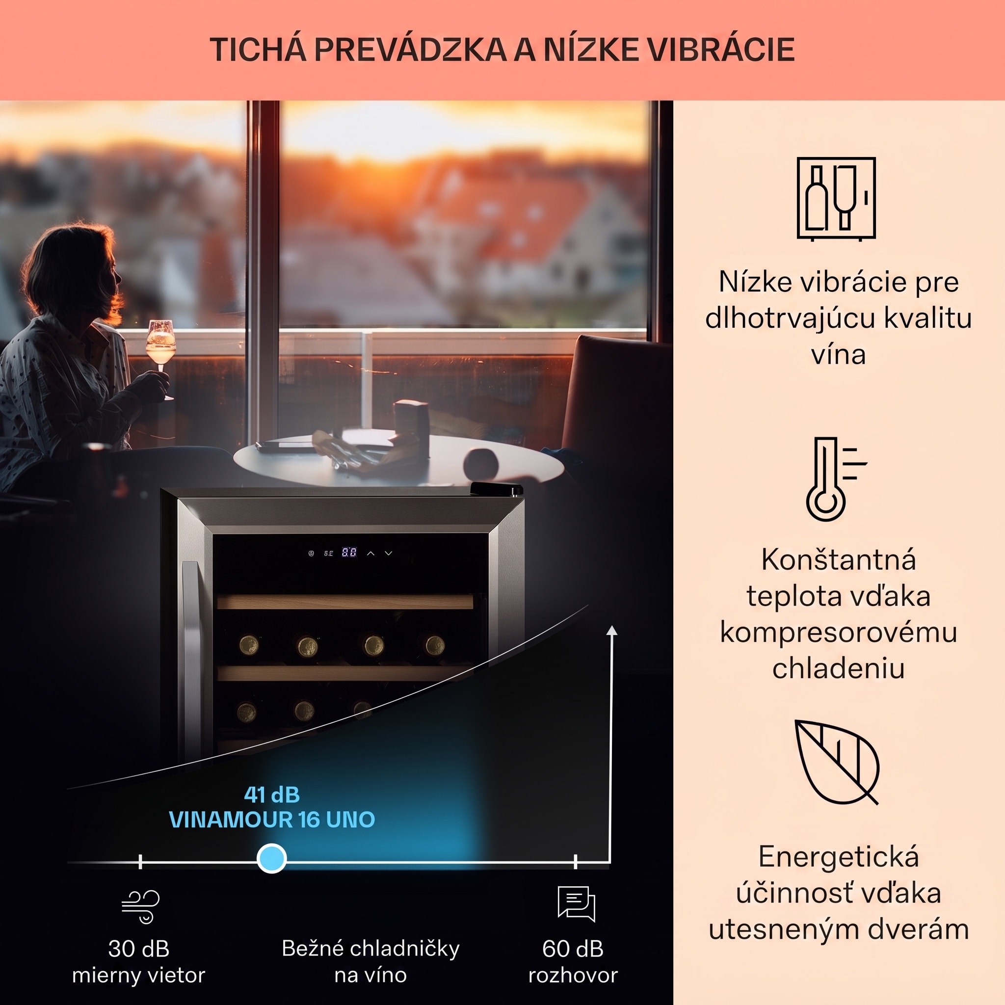 Klarstein Vinamour 16 Uno, vinotéka, 42 l, 16 fliaš, 5-18°C, 41 dB, sklo – Obrázok 3