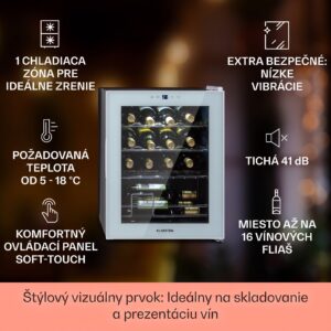 Klarstein Shiraz 16 Quartz, vinotéka, 42 l, 160 W, 5-18°C, dotykový ovládací panel