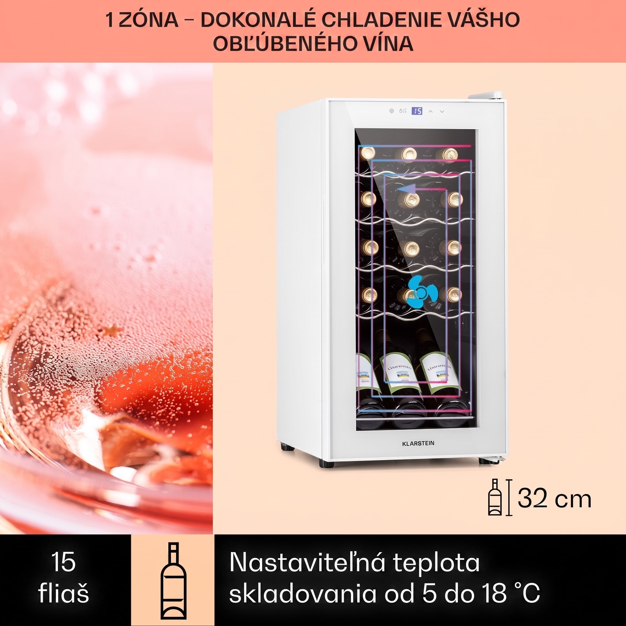 Klarstein Shiraz 15 Slim Uno, vinotéka, 44 l, 135 W, 5–18°C, dotykové ovládanie, biela – Obrázok 2