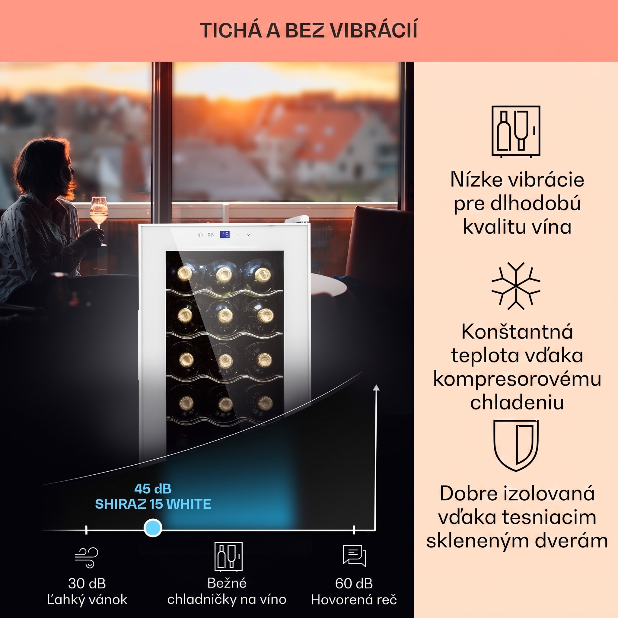 Klarstein Shiraz 15 Slim Uno, vinotéka, 44 l, 135 W, 5–18°C, dotykové ovládanie, biela – Obrázok 3