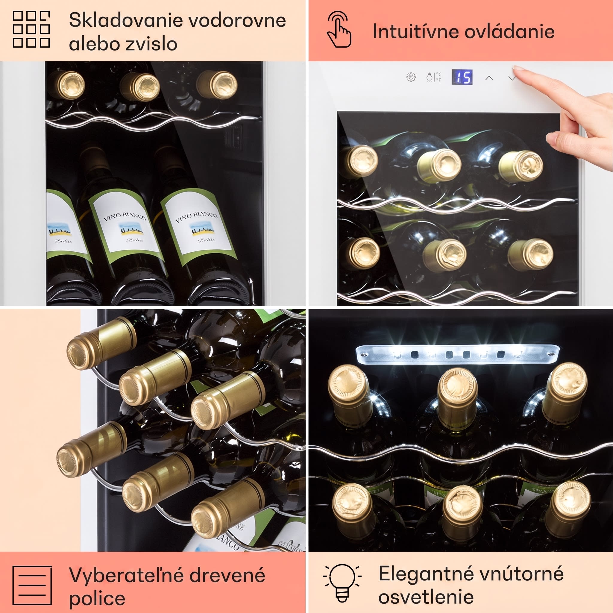 Klarstein Shiraz 15 Slim Uno, vinotéka, 44 l, 135 W, 5–18°C, dotykové ovládanie, biela – Obrázok 4