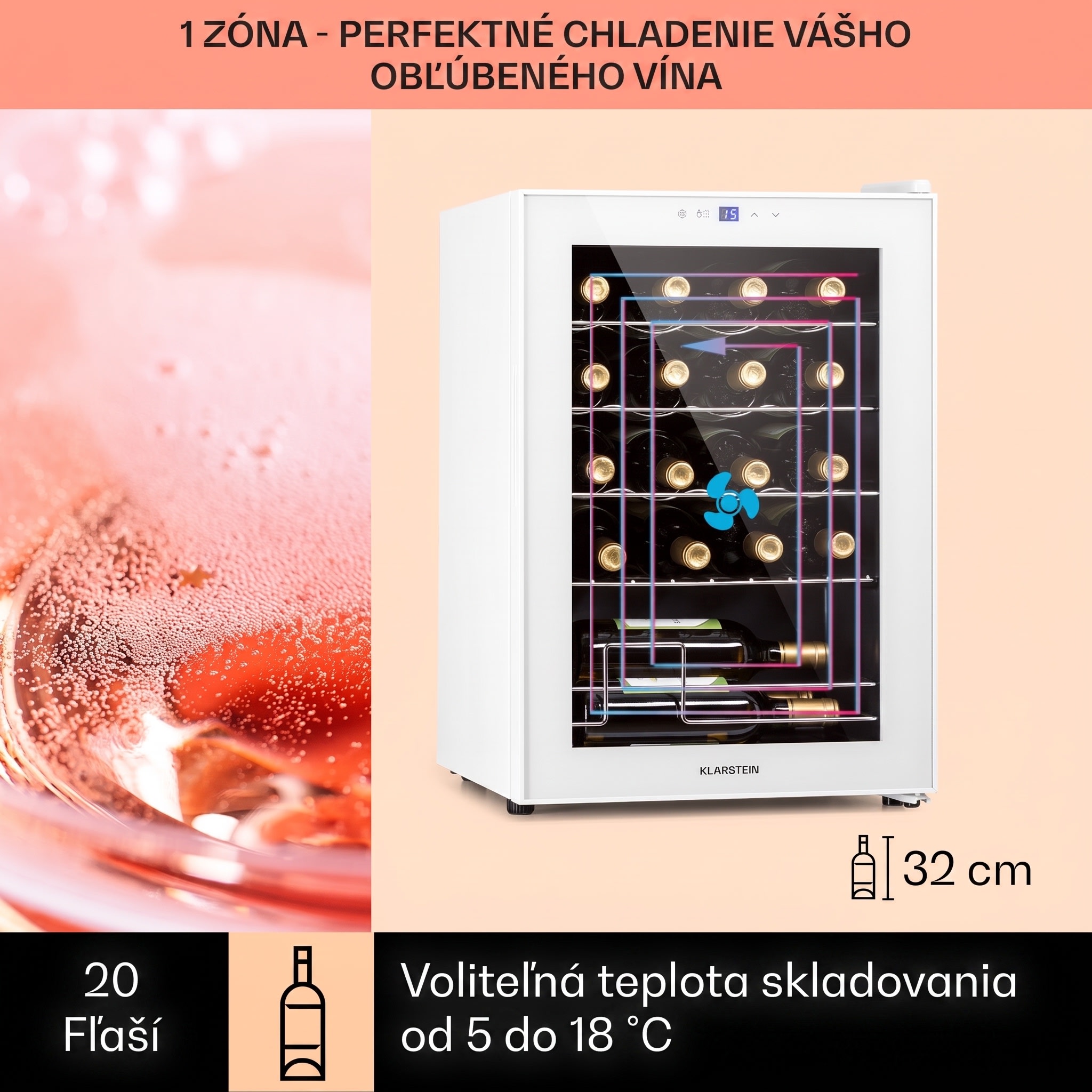 Klarstein Shiraz 20 Uno, vinotéka, 53 l, 20 fliaš, 5-18°C, dotykový ovládací panel – Obrázok 2