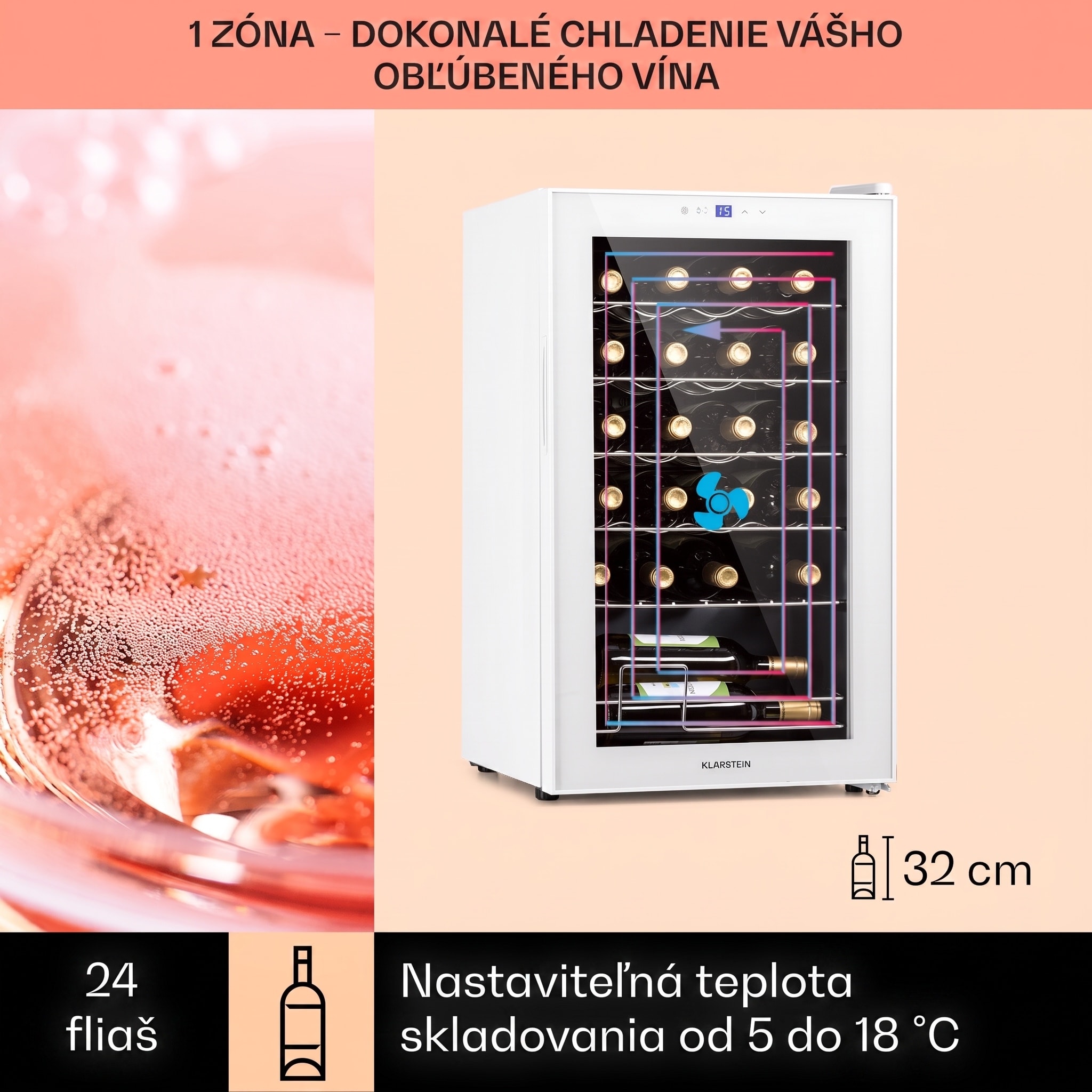 Klarstein Shiraz 24 Uno, vinotéka, 63 l, 24 fliaš, 5-18°C, dotykový ovládací panel – Obrázok 2