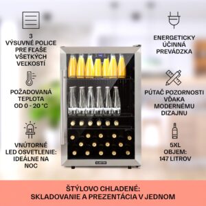Klarstein Beersafe 5XL, chladnička, 147 l, 3 police, panoramatické sklenené dvere, nehrdzavejúca oceľ