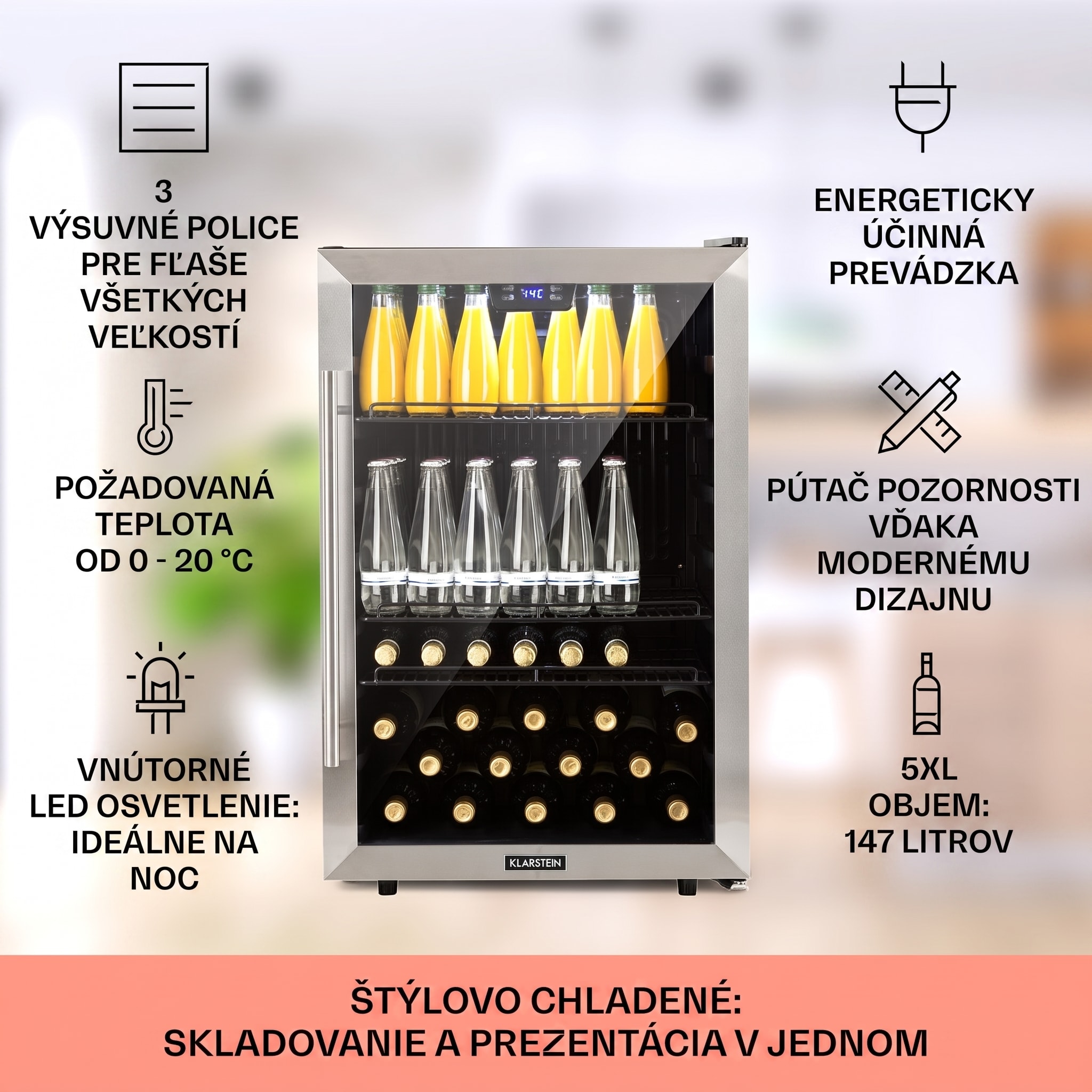 Klarstein Beersafe 5XL, chladnička, 147 l, 3 police, panoramatické sklenené dvere, nehrdzavejúca oceľ