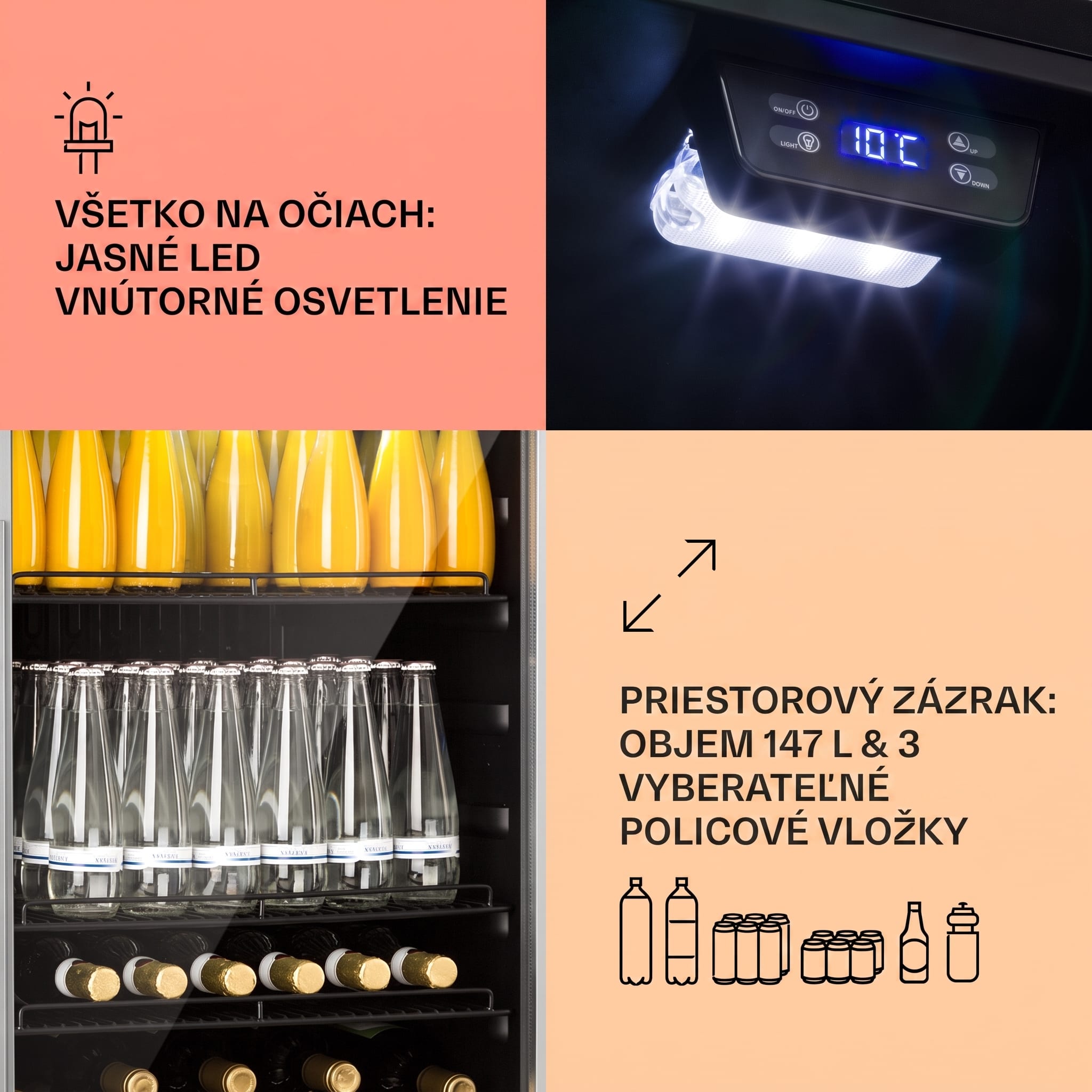Klarstein Beersafe 5XL, chladnička, 147 l, 3 police, panoramatické sklenené dvere, nehrdzavejúca oceľ – Obrázok 3