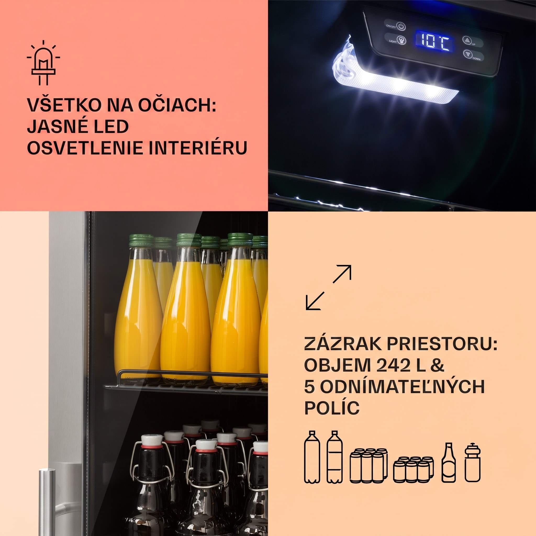 Klarstein Beersafe 7XL, chladnička, 242 l, 5 políc, panoramatické sklenené dvere, nehrdzavejúca oceľ – Obrázok 3