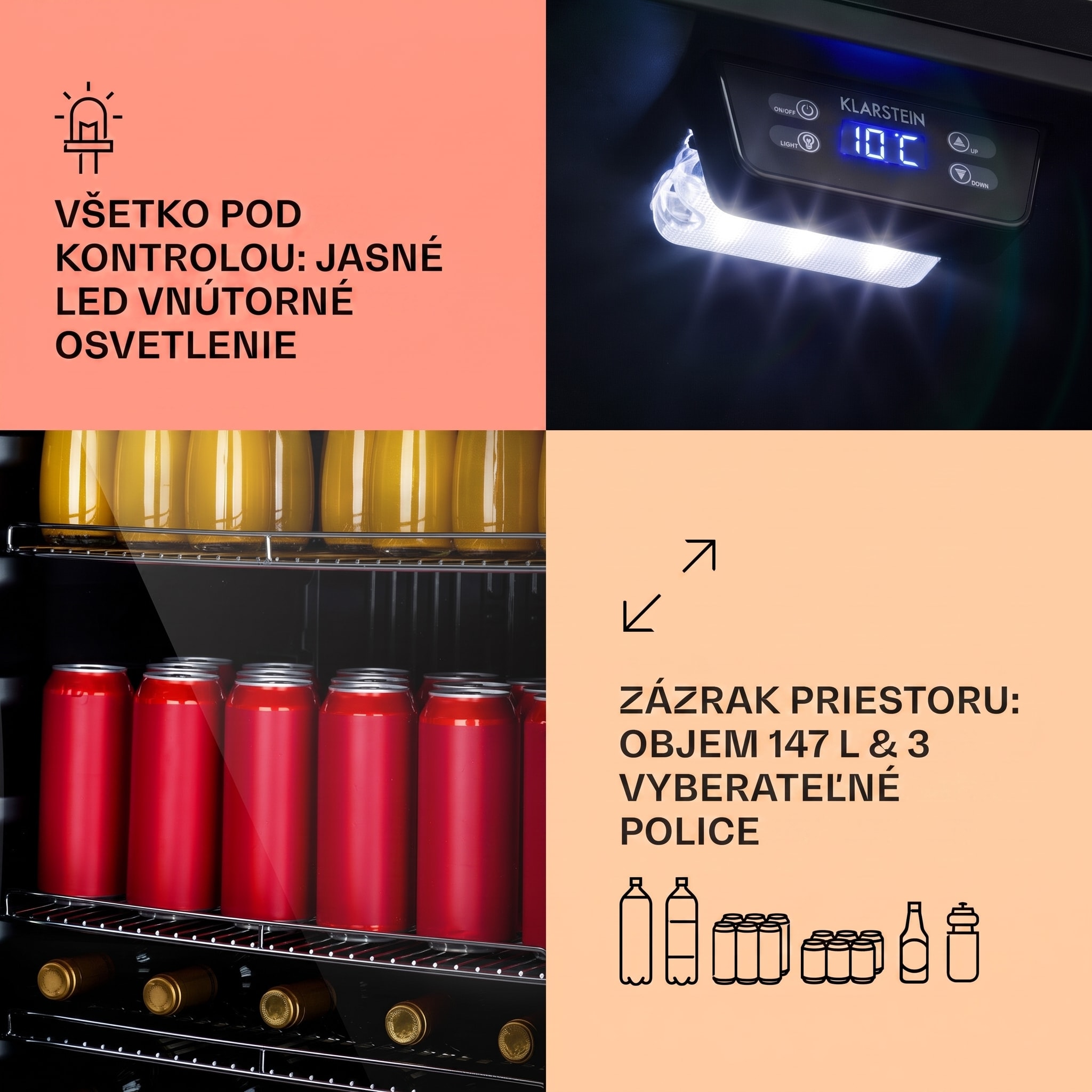Klarstein Beersafe 5XL, chladnička, 147 l, 3 police, panoramatické sklenené dvere, nehrdzavejúca oceľ – Obrázok 3