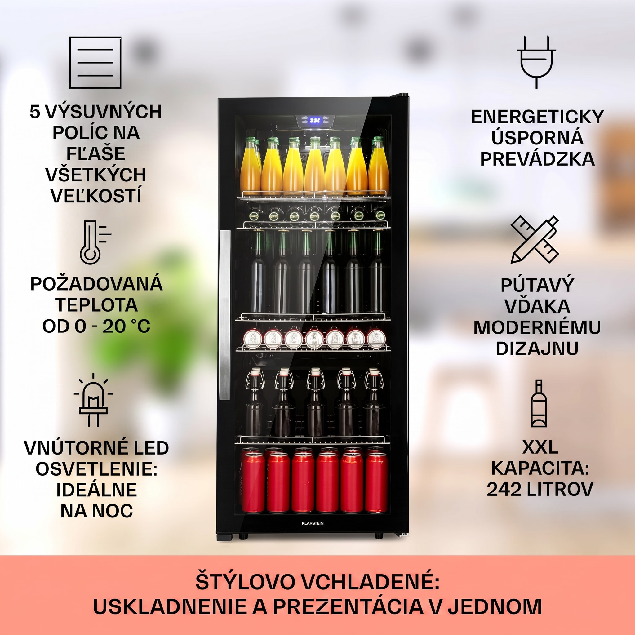 Klarstein Beersafe 7XL, chladnička, 242 l, 5 políc, panoramatické sklenené dvere, nehrdzavejúca oceľ