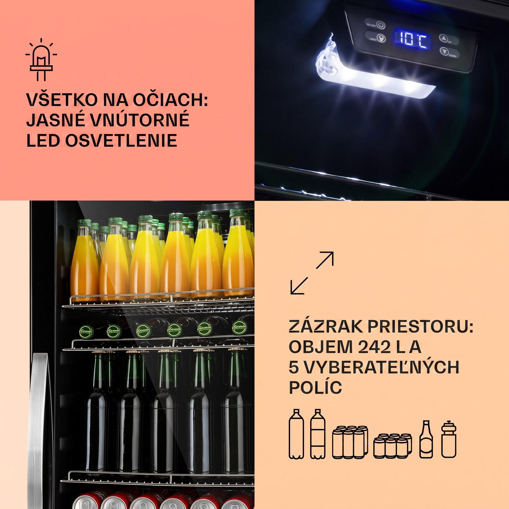 Klarstein Beersafe 7XL, chladnička, 242 l, 5 políc, panoramatické sklenené dvere, nehrdzavejúca oceľ – Obrázok 3