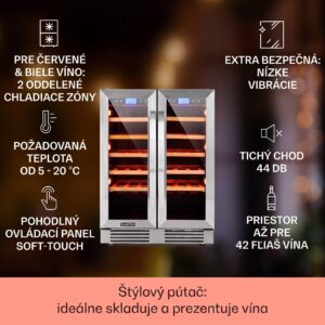 Klarstein Vinovilla Duo 42, dvojzónová vinotéka, 126 l, 42 fliaš, 3 farebné LED osvetlenie, sklenené dvere