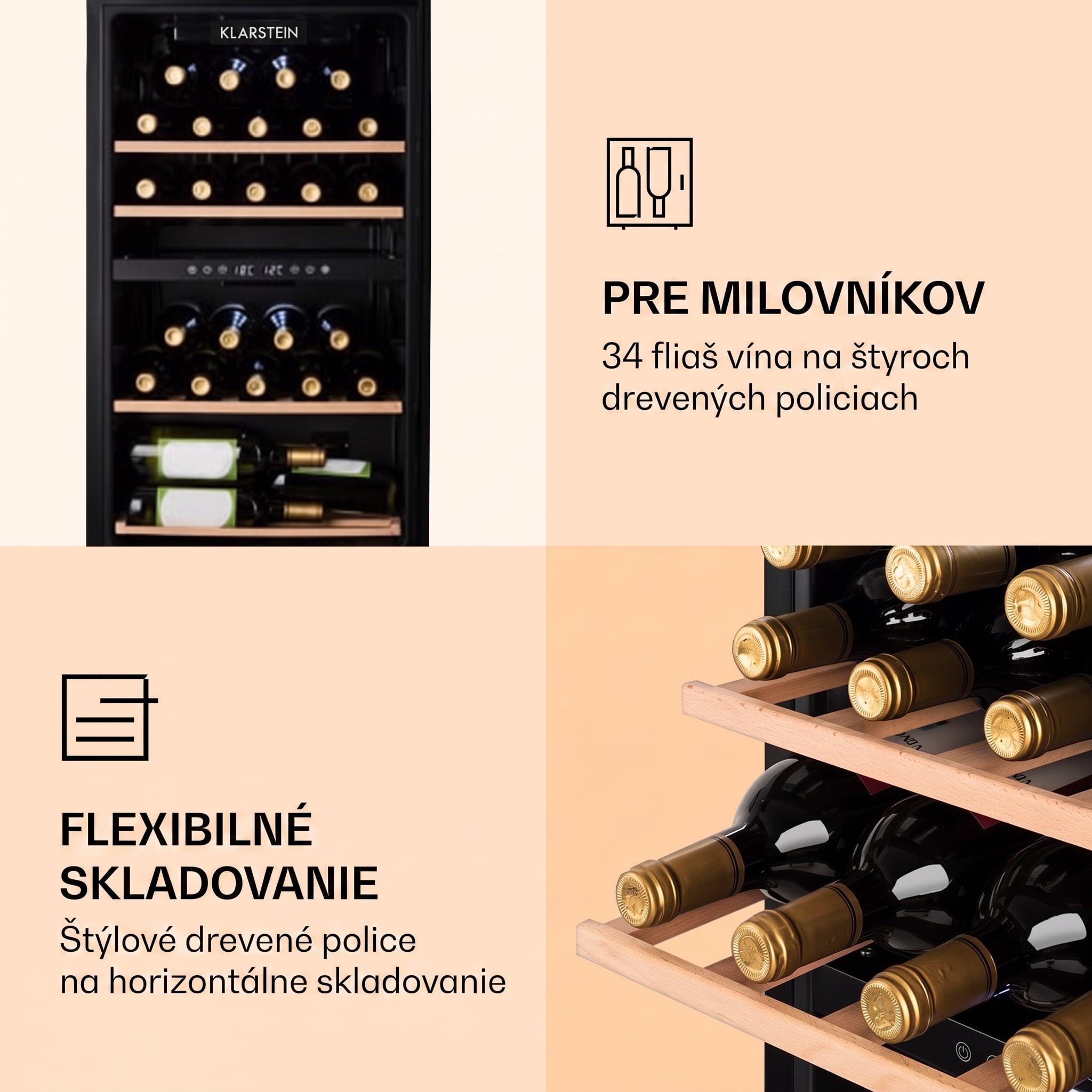 Klarstein Barossa 34 Duo, vinotéka, 2 zóny, 34 fliaš, sklenené dvierka, dotykové ovládanie, čierna – Obrázok 4