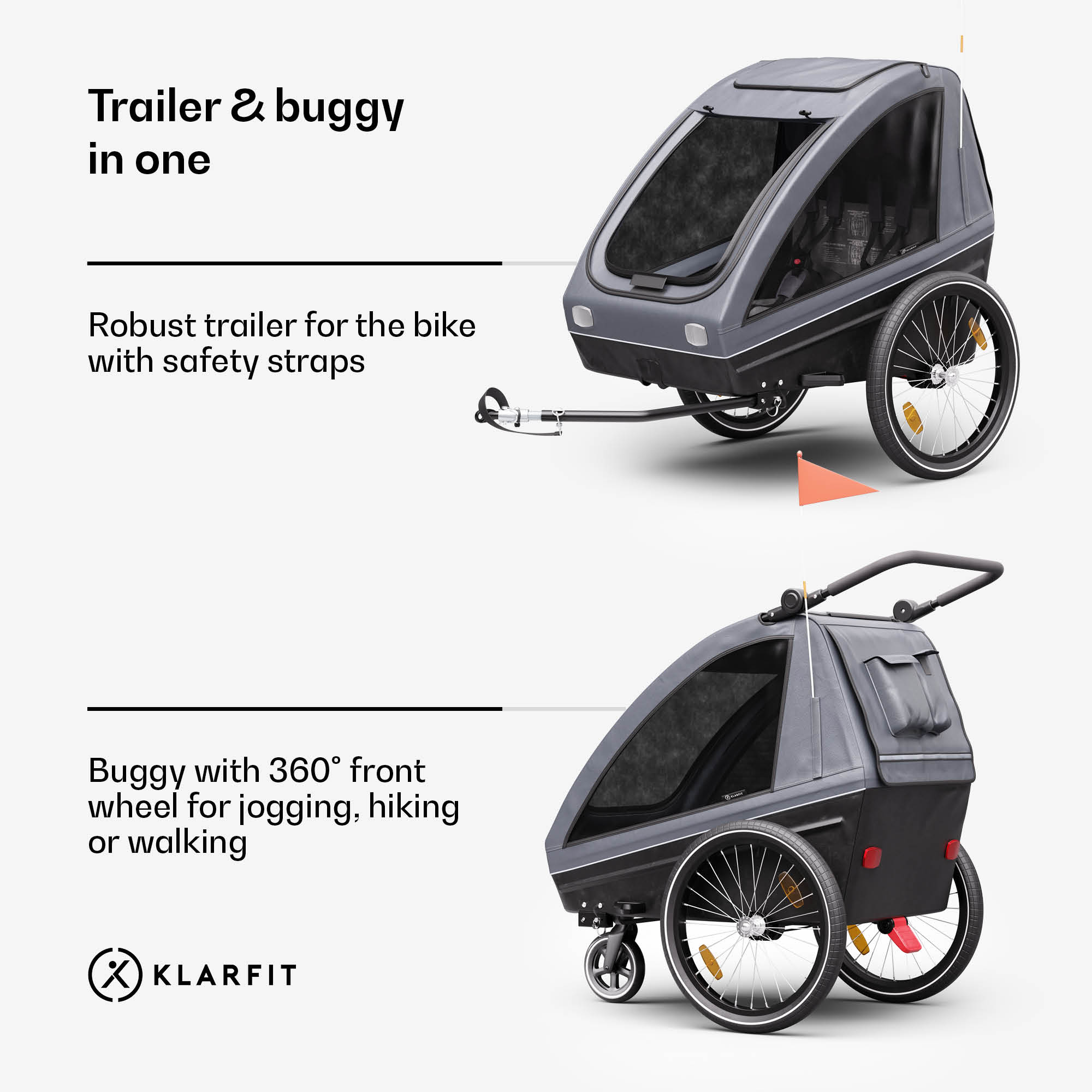 KLARFIT GoKiddo, príves na bicykel, príves/kočík, skladací, integrované brzdy, rastúci, pre 2 deti – Obrázok 2