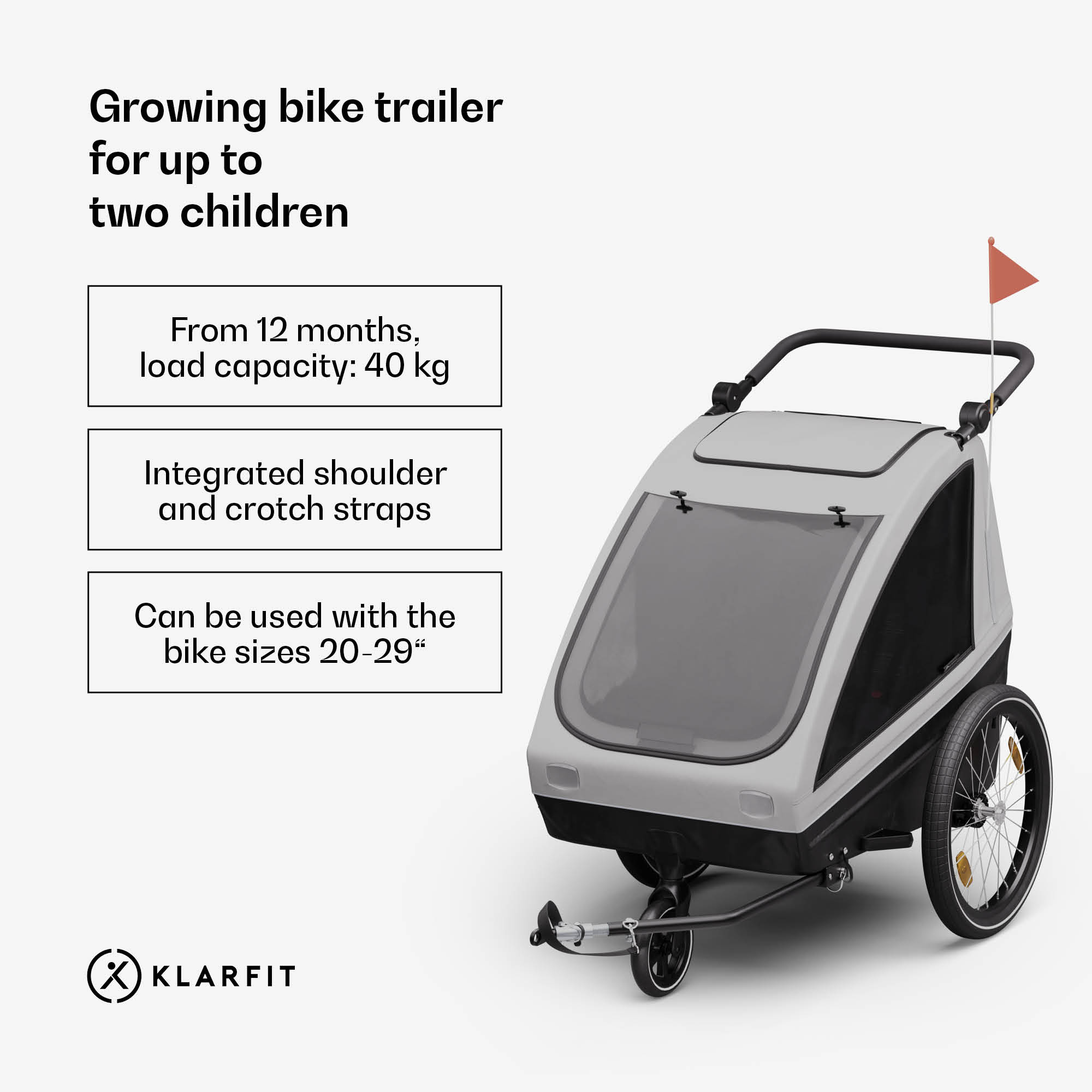 KLARFIT GoKiddo, príves na bicykel, príves/kočík, skladací, integrované brzdy, rastúci, pre 2 deti
