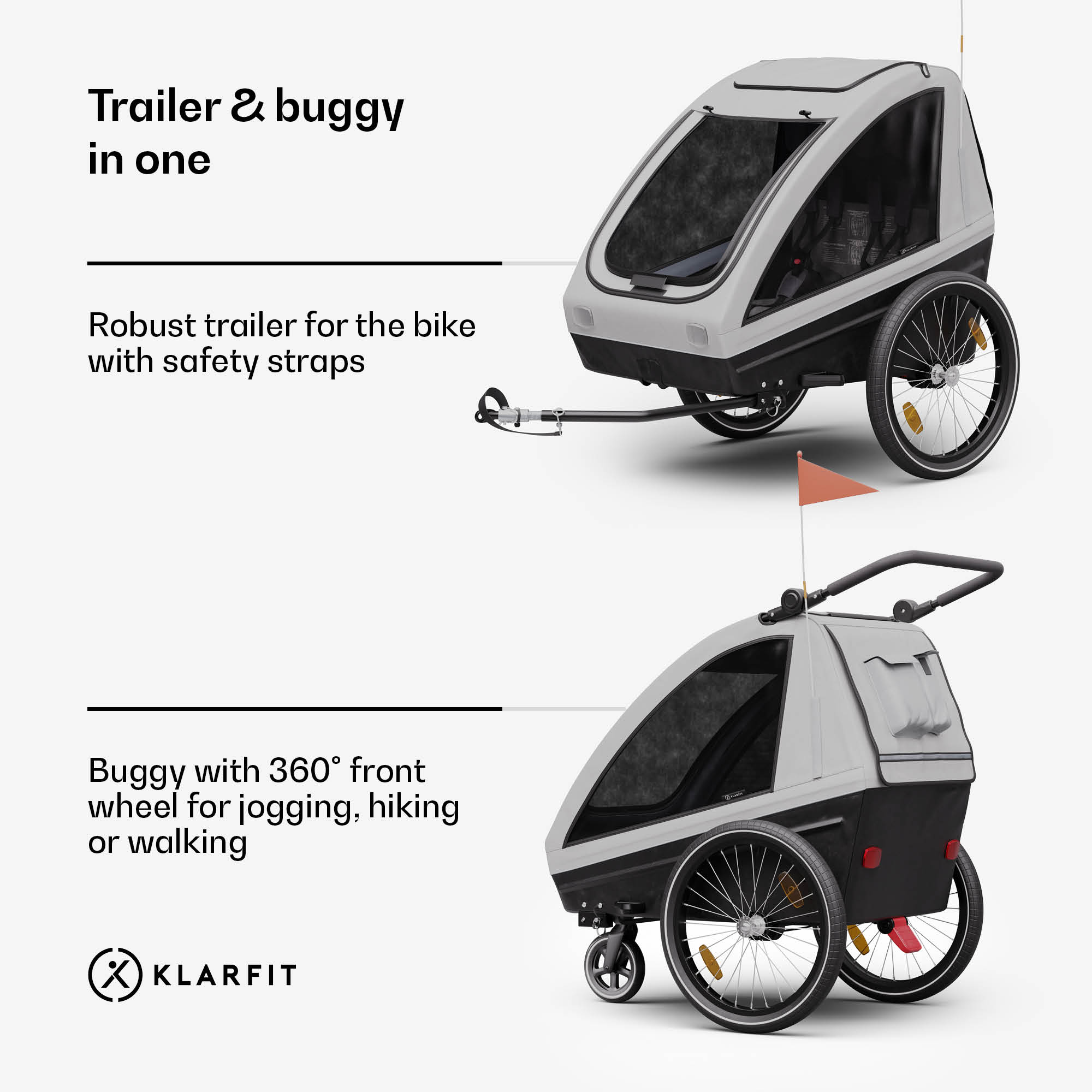 KLARFIT GoKiddo, príves na bicykel, príves/kočík, skladací, integrované brzdy, rastúci, pre 2 deti – Obrázok 2