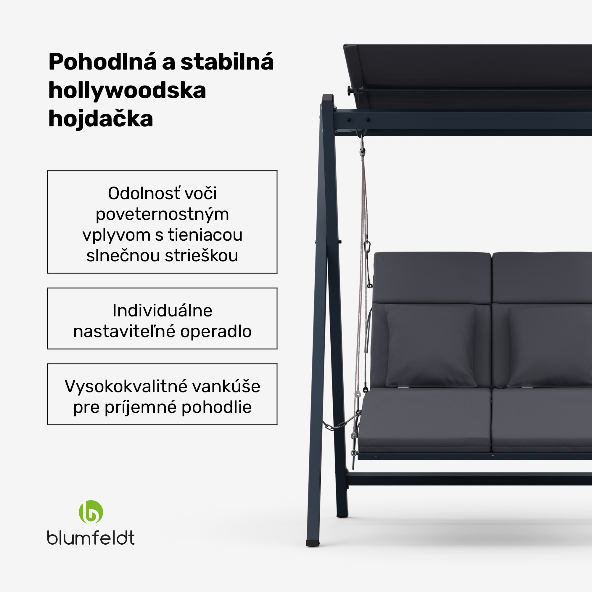 Blumfeldt FlexiSwing, hollywoodska hojdačka, 2-miestna, nastaviteľné operadlo, slnečná strieška, odolná voči poveternostným vplyvom