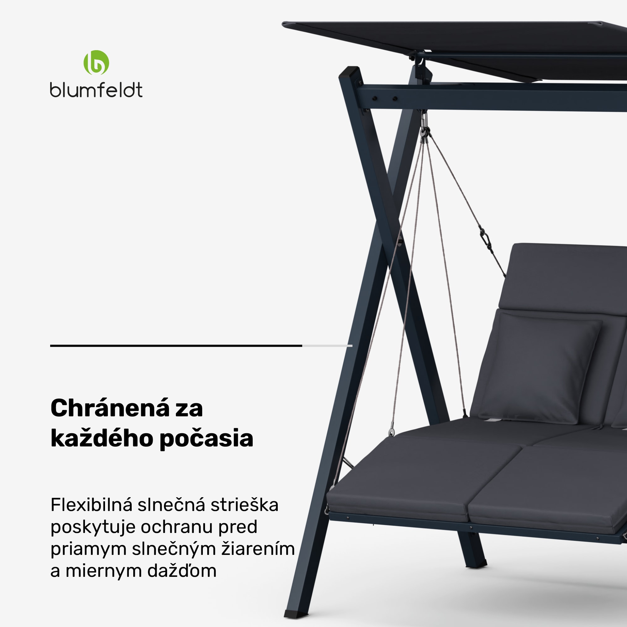 Blumfeldt FlexiSwing, hollywoodska hojdačka, 2-miestna, nastaviteľné operadlo, slnečná strieška, odolná voči poveternostným vplyvom – Obrázok 3