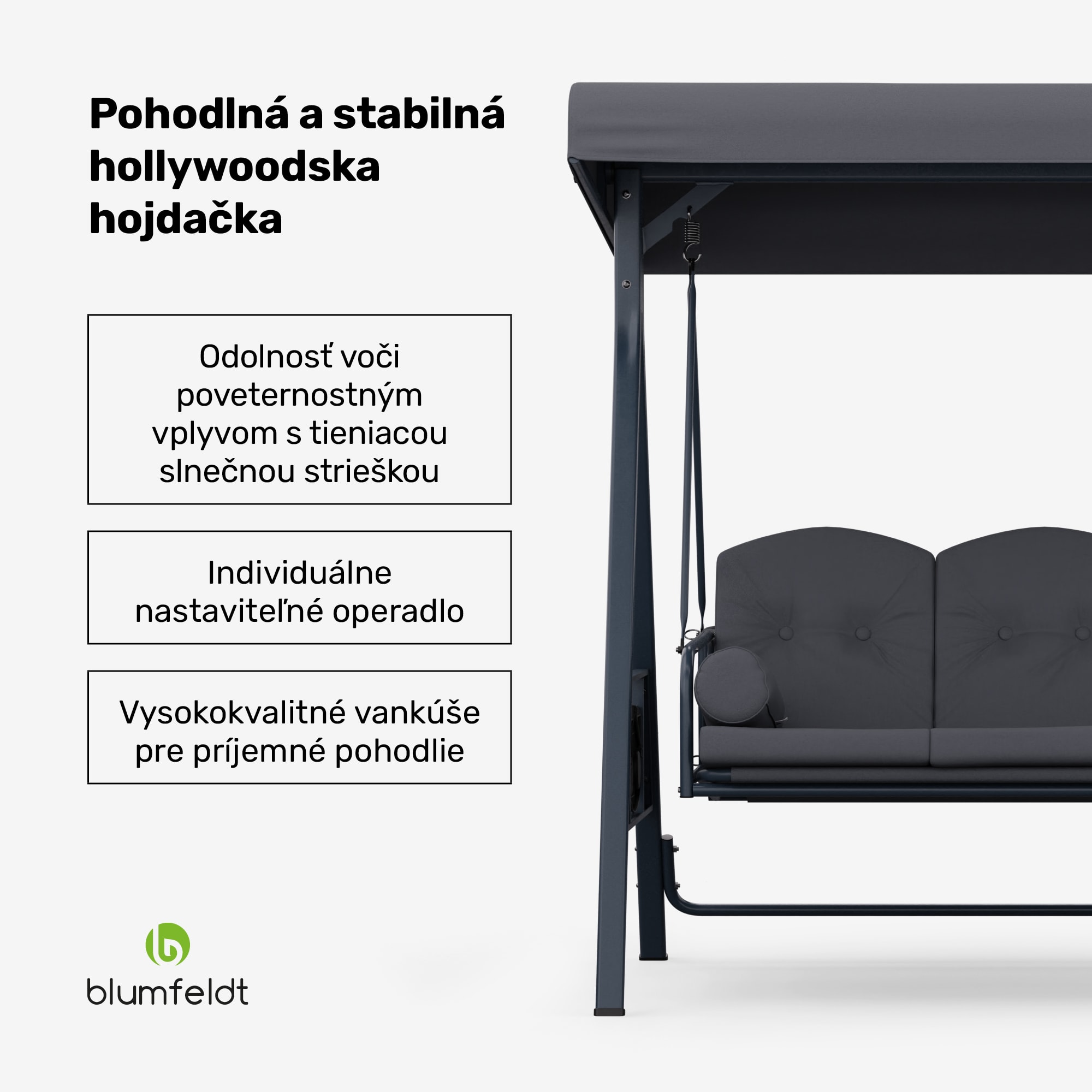 Blumfeldt GranSway, hollywoodska hojdačka, 3-miestna, individuálne nastaviteľná, oceľ s práškovou povrchovou úpravou, odolná voči poveternostným vplyvom
