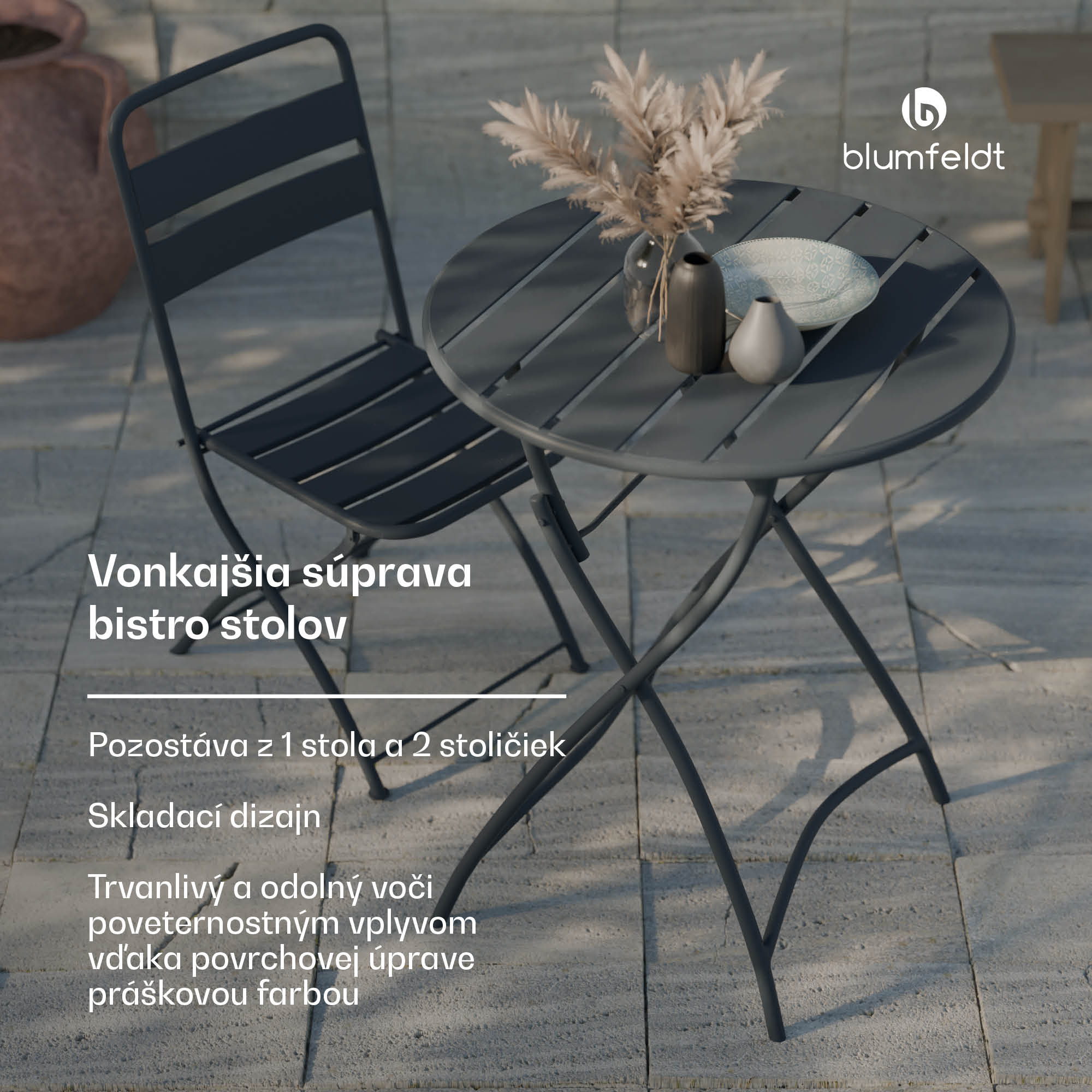 Blumfeldt RetroChic záhradná súprava | 1 stôl + 2 stoličky | 60 cm | skladací | povrchová úprava | odolný voči poveternostným vplyvom