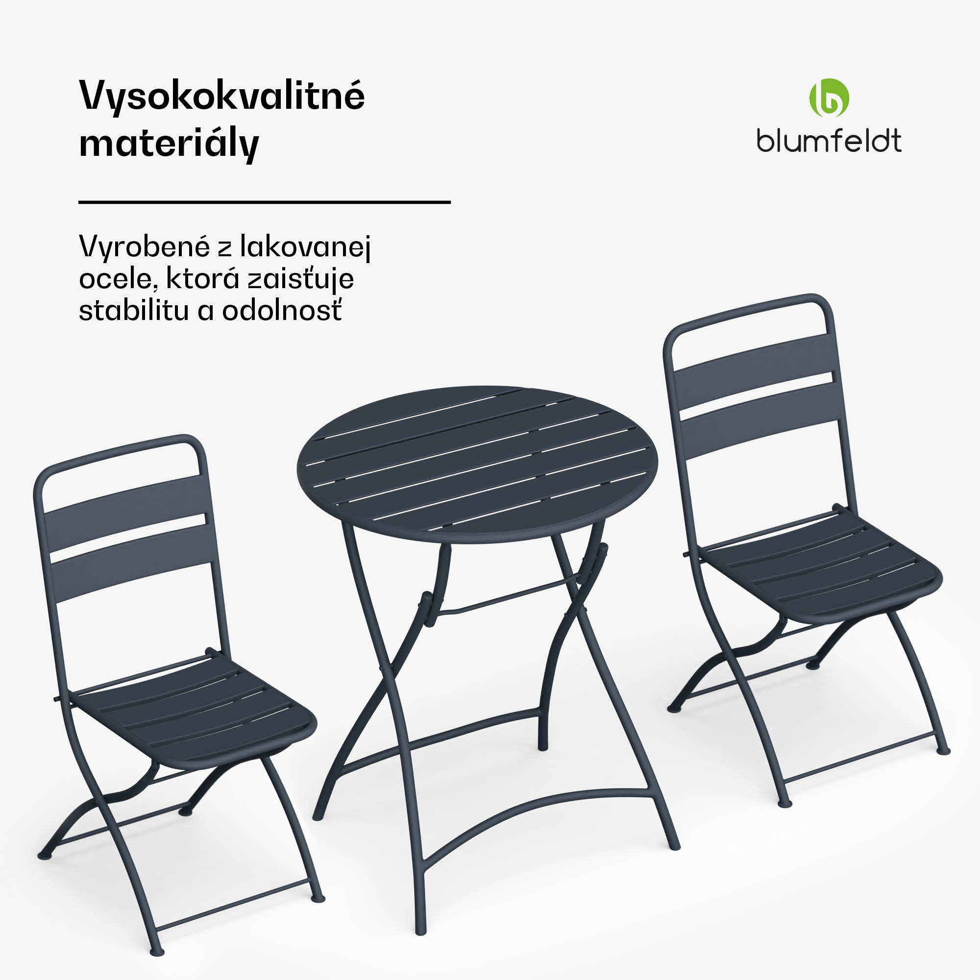 Blumfeldt RetroChic záhradná súprava | 1 stôl + 2 stoličky | 60 cm | skladací | povrchová úprava | odolný voči poveternostným vplyvom – Obrázok 2