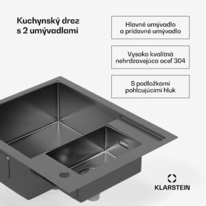 Klarstein TitanSteel kuchynský drez, 61 x 50 cm, 2 umývadlá, nehrdzavejúca oceľ, žiaruvzdorný