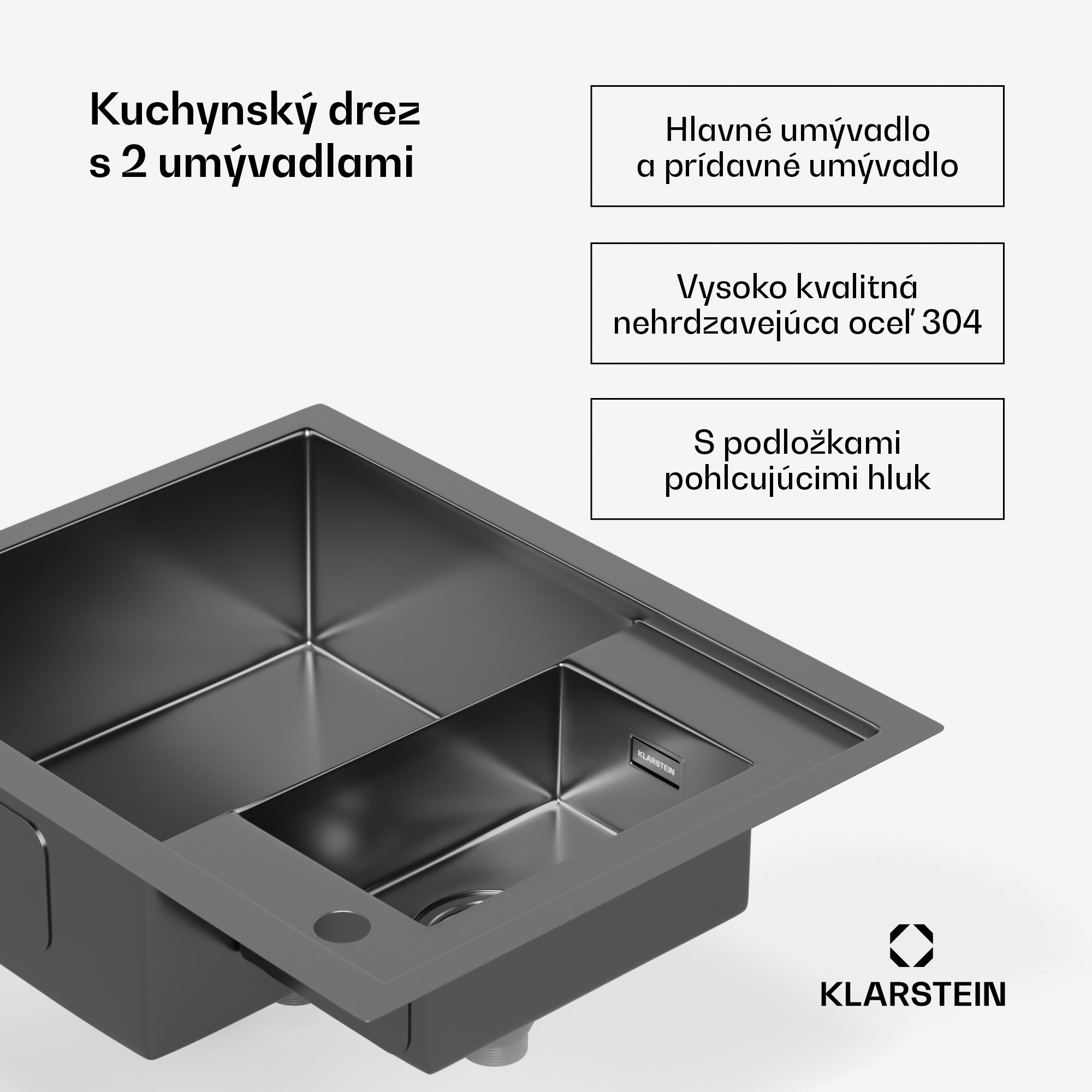 Klarstein TitanSteel kuchynský drez, 61 x 50 cm, 2 umývadlá, nehrdzavejúca oceľ, žiaruvzdorný