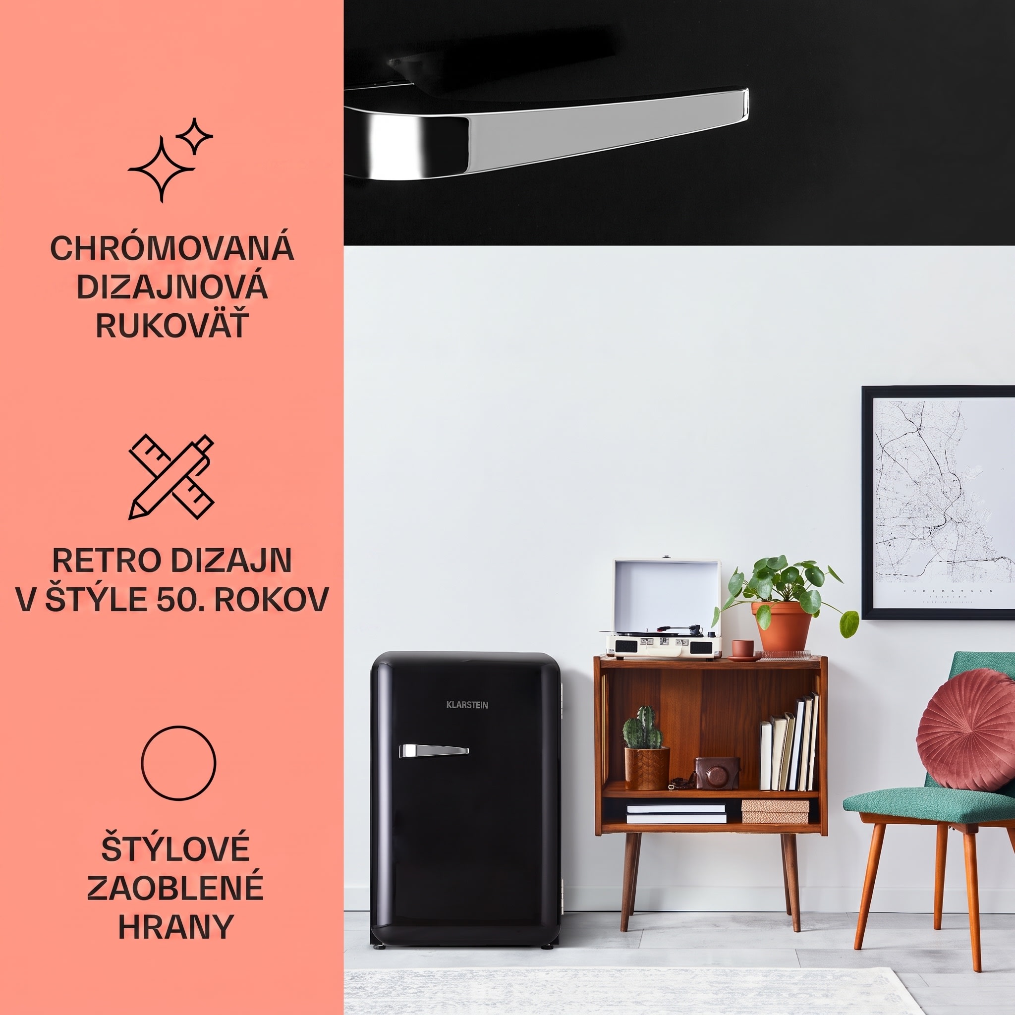 Klarstein Audrey, retro chladnička, 70 l, 3 police, 2 priehradky vo dverách, vnútorné osvetlenie