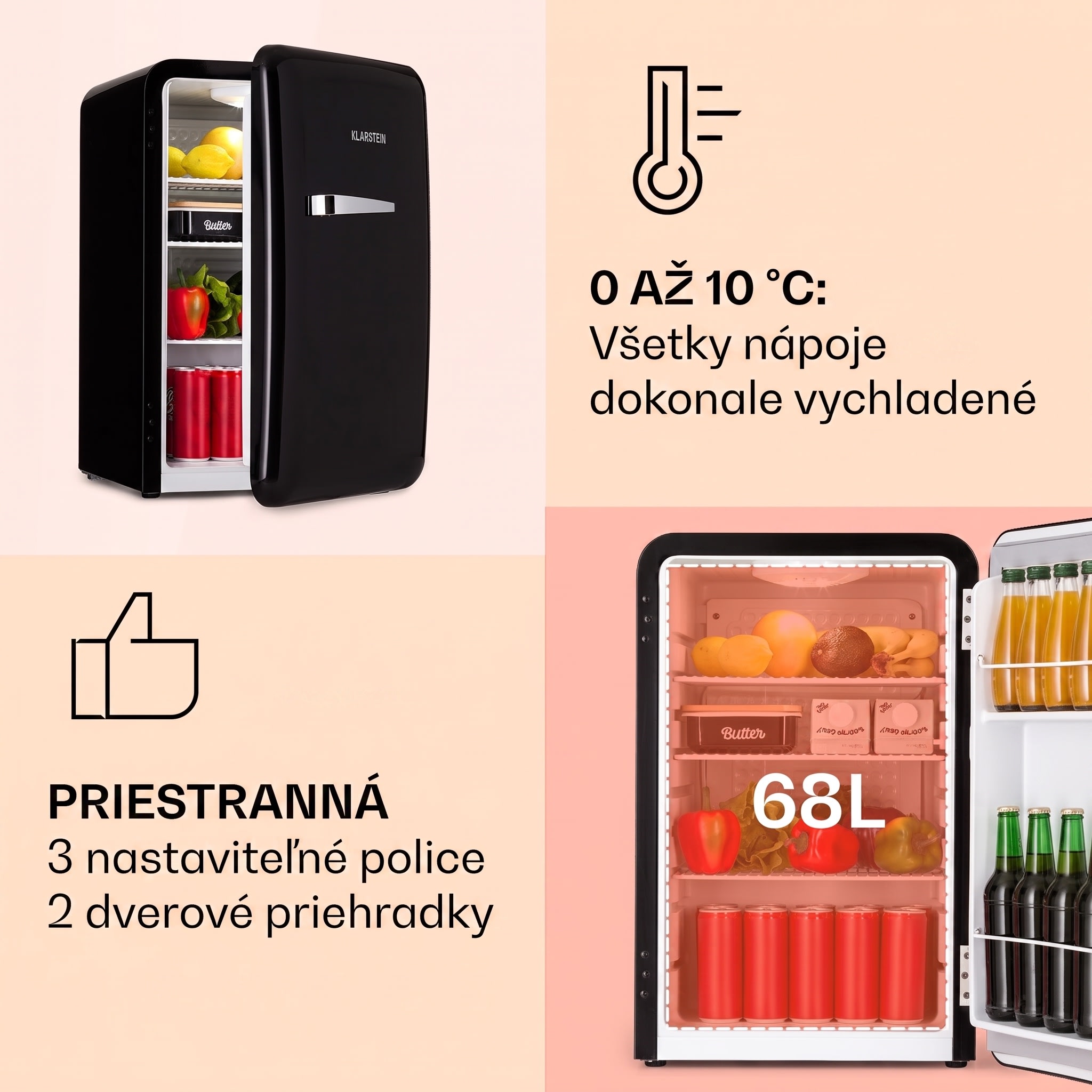 Klarstein Audrey, retro chladnička, 70 l, 3 police, 2 priehradky vo dverách, vnútorné osvetlenie – Obrázok 2