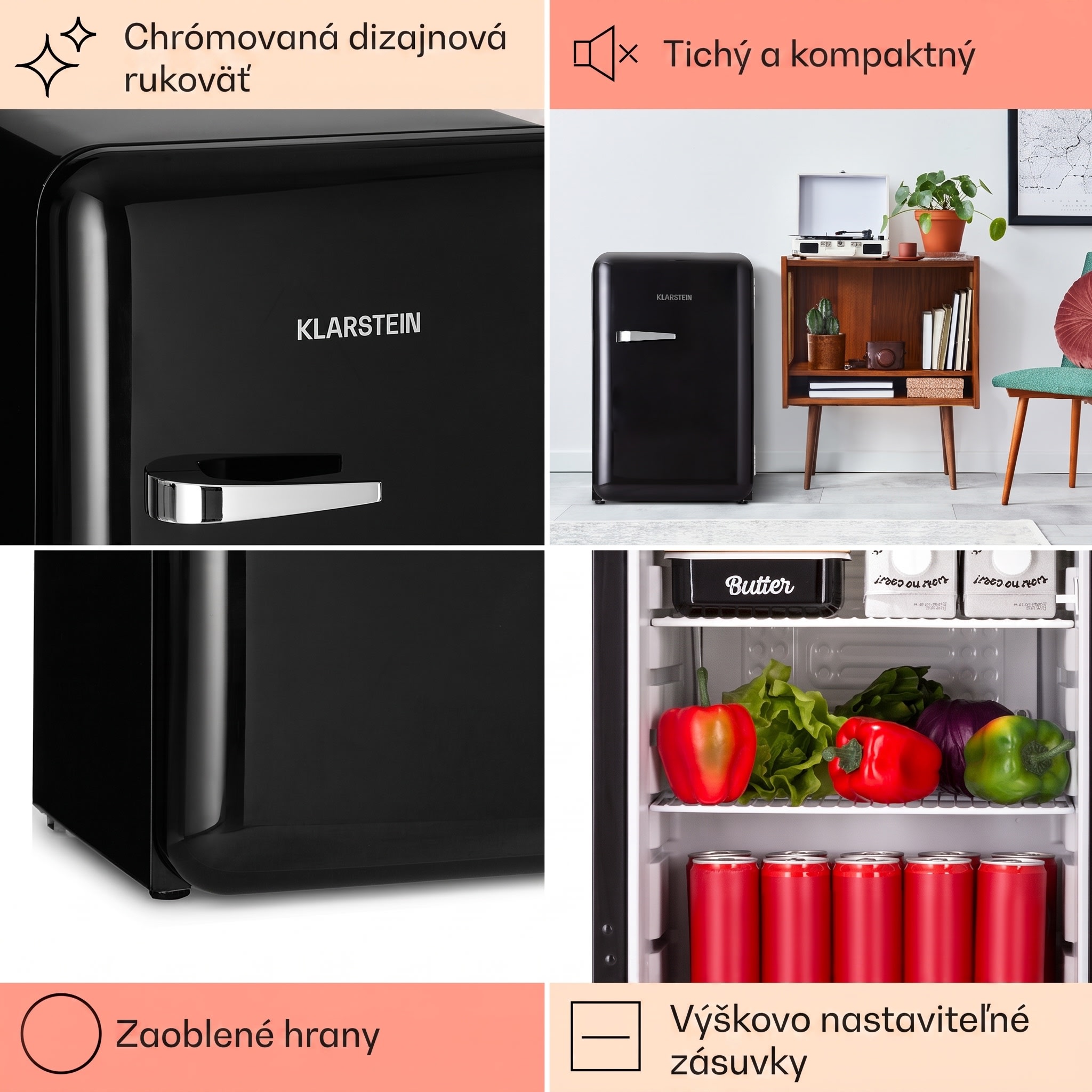 Klarstein Audrey, retro chladnička, 70 l, 3 police, 2 priehradky vo dverách, vnútorné osvetlenie – Obrázok 3