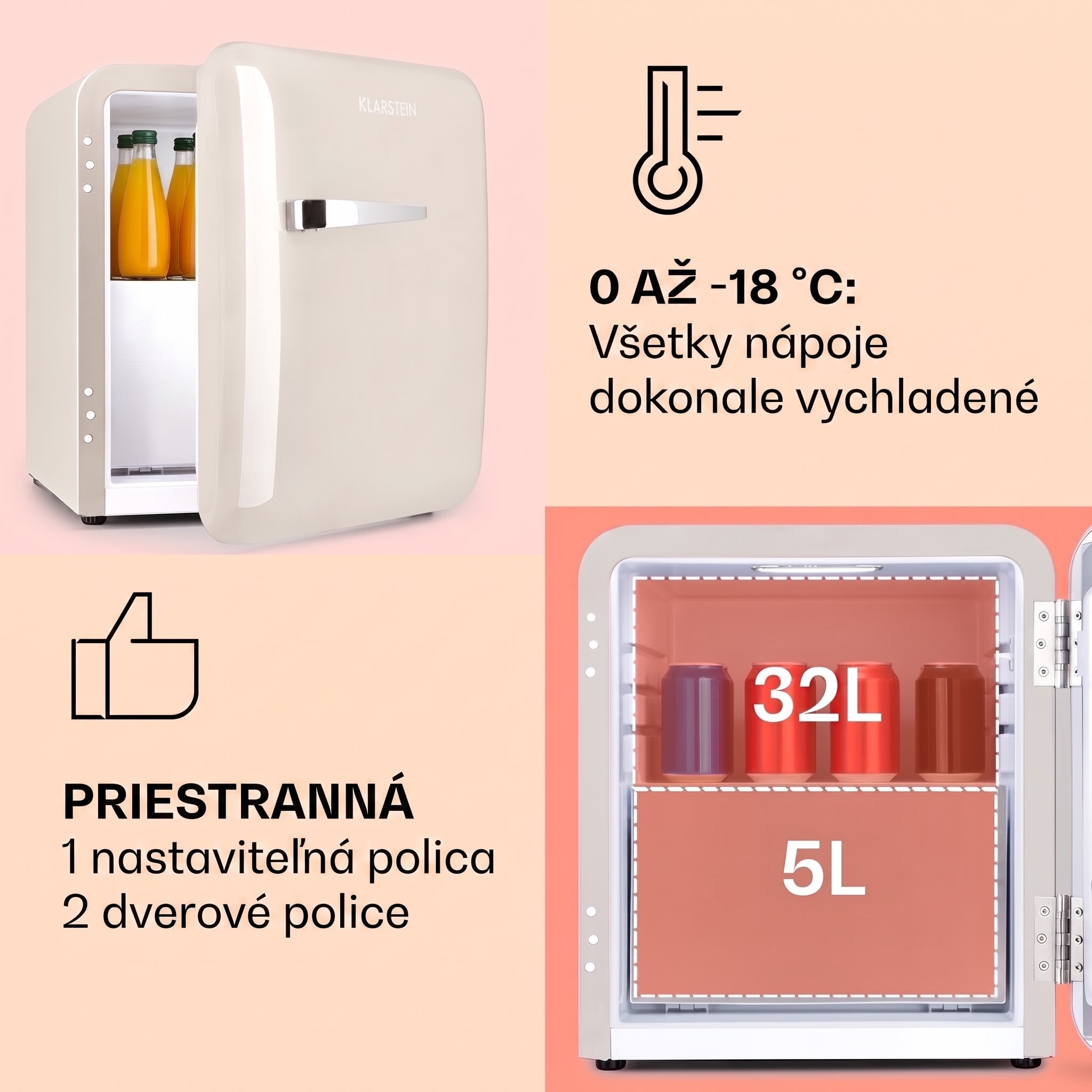 Klarstein Audrey Mini, retro chladnička, energet. trieda E, mraziaci priečinok, LED – Obrázok 3