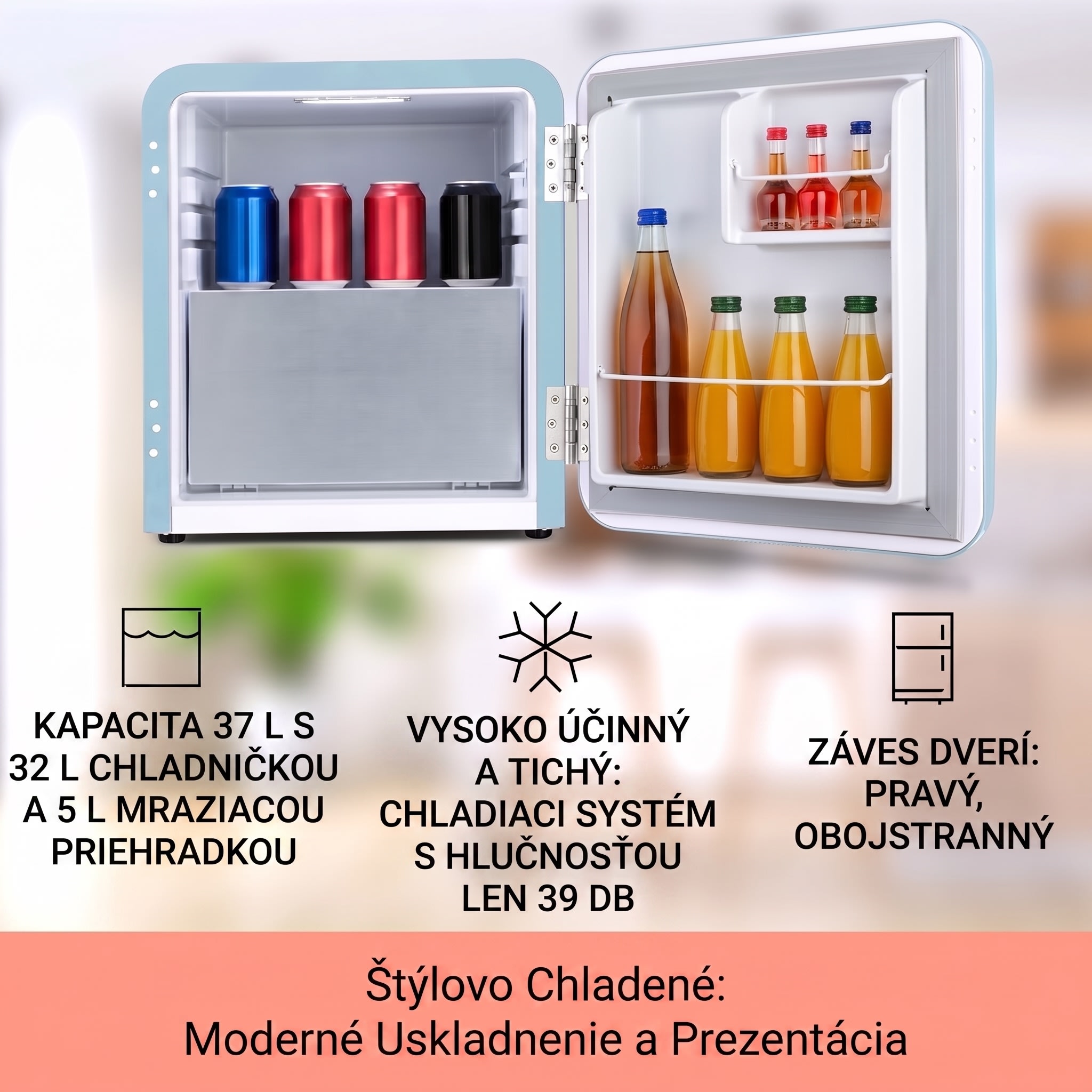Klarstein Audrey, mini chladnička, energet. trieda E, mraziaci priečinok, LED