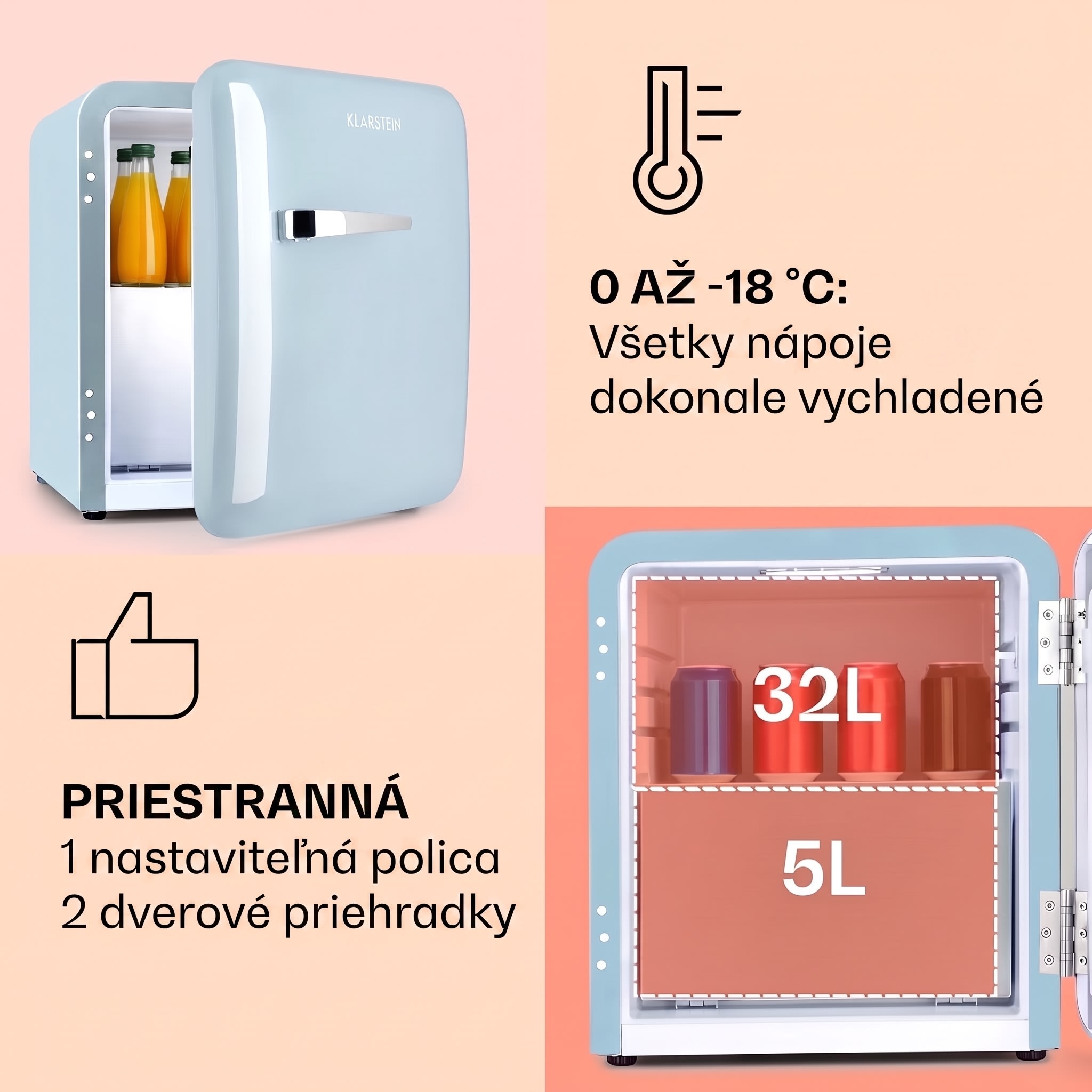 Klarstein Audrey, mini chladnička, energet. trieda E, mraziaci priečinok, LED – Obrázok 3