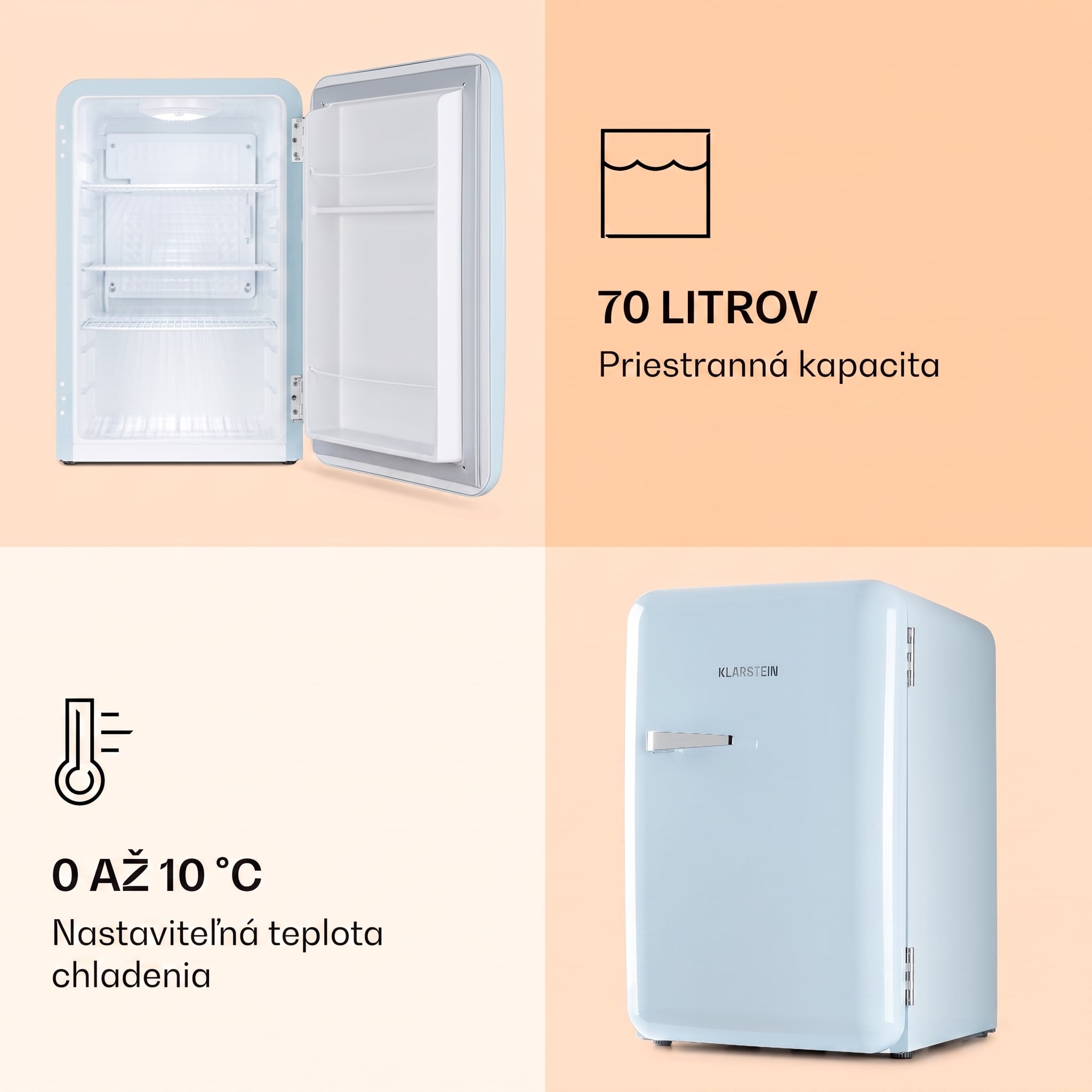Klarstein Audrey, retro chladnička, 70 l, 3 police, 2 priehradky vo dverách, vnútorné osvetlenie – Obrázok 3