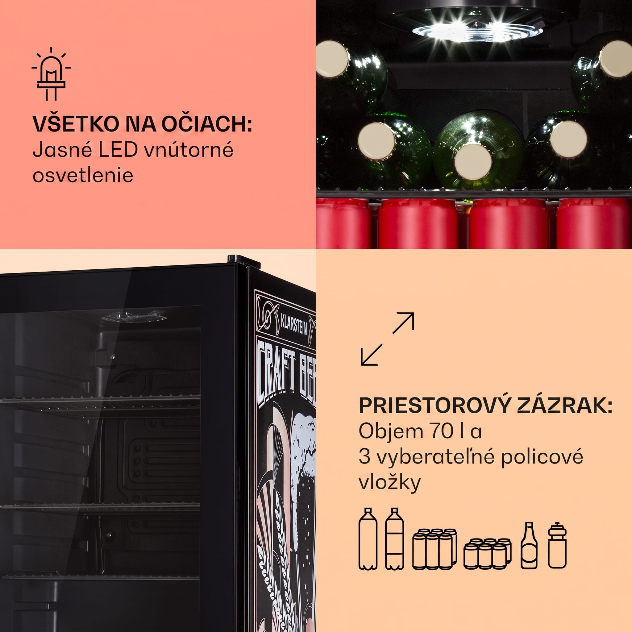 Klarstein Beersafe 70 Craft Beer Edition, chladnička, 70 litrov, sklenené dvere, nehrdzavejúca oceľ – Obrázok 4
